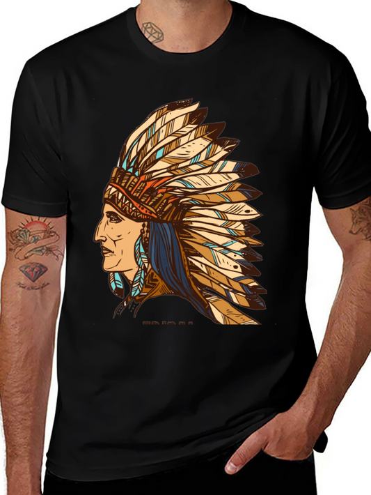 Black Indian Chief Feather Headdress Graphic T-Shirt