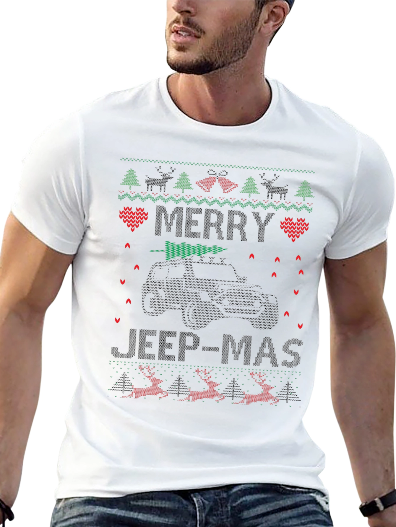 Merry Jeep-Mas Ugly Christmas Sweater Style Graphic T-Shirt