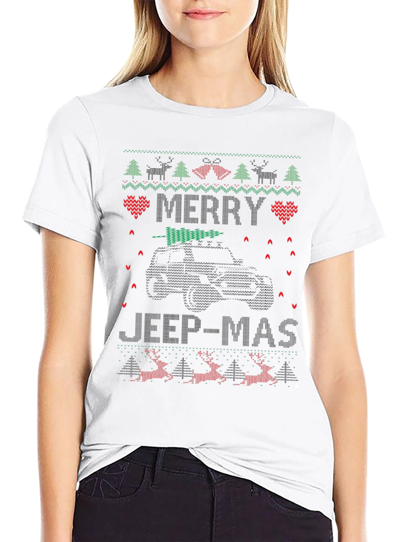 Merry Jeep-Mas Ugly Christmas Sweater Style Graphic T-Shirt