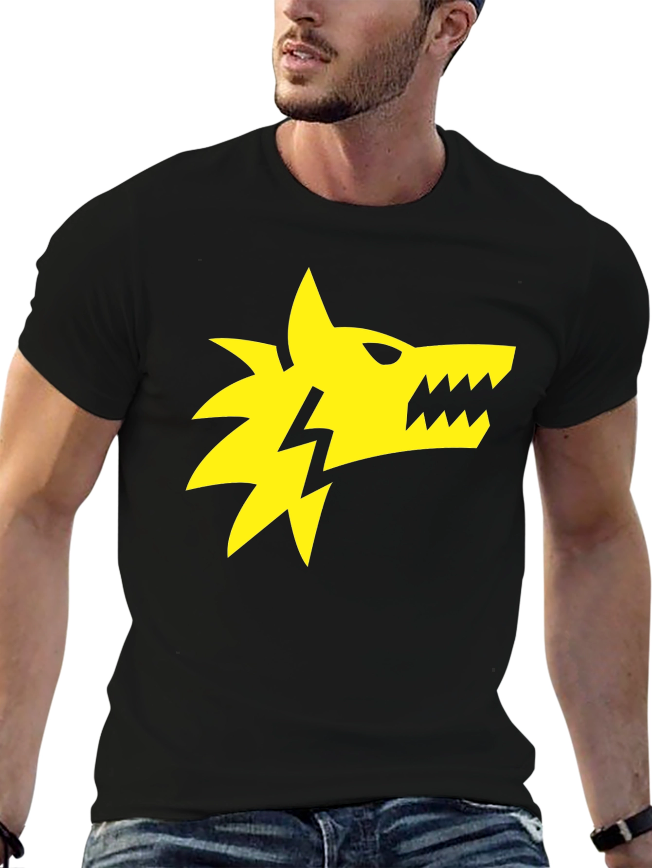 Black T-Shirt with Yellow Wolf Lightning Bolt Graphic