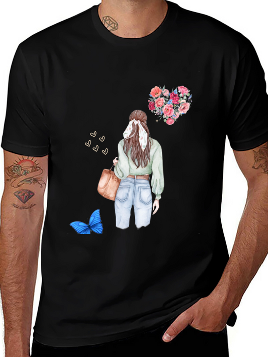 Stylish Graphic T-Shirt - Floral Heart & Girl Design