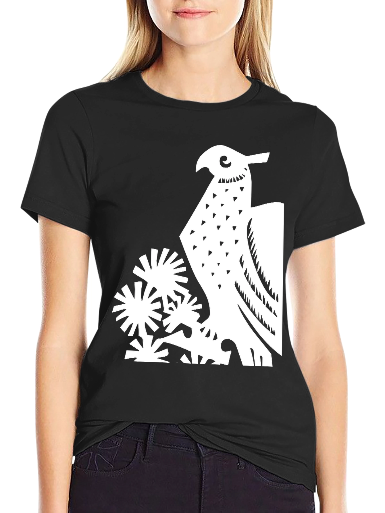 Abstract Bird Graphic Print Tee - Black