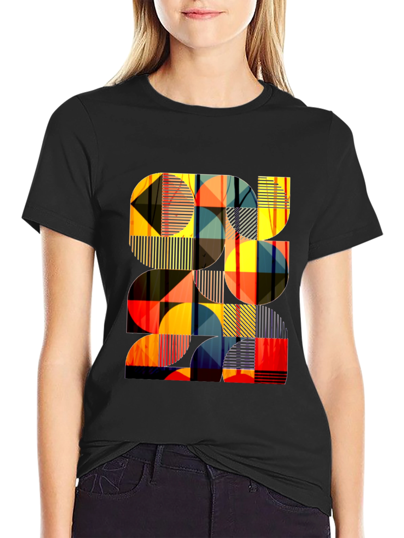 Modern Geometric Pattern Black T-Shirt