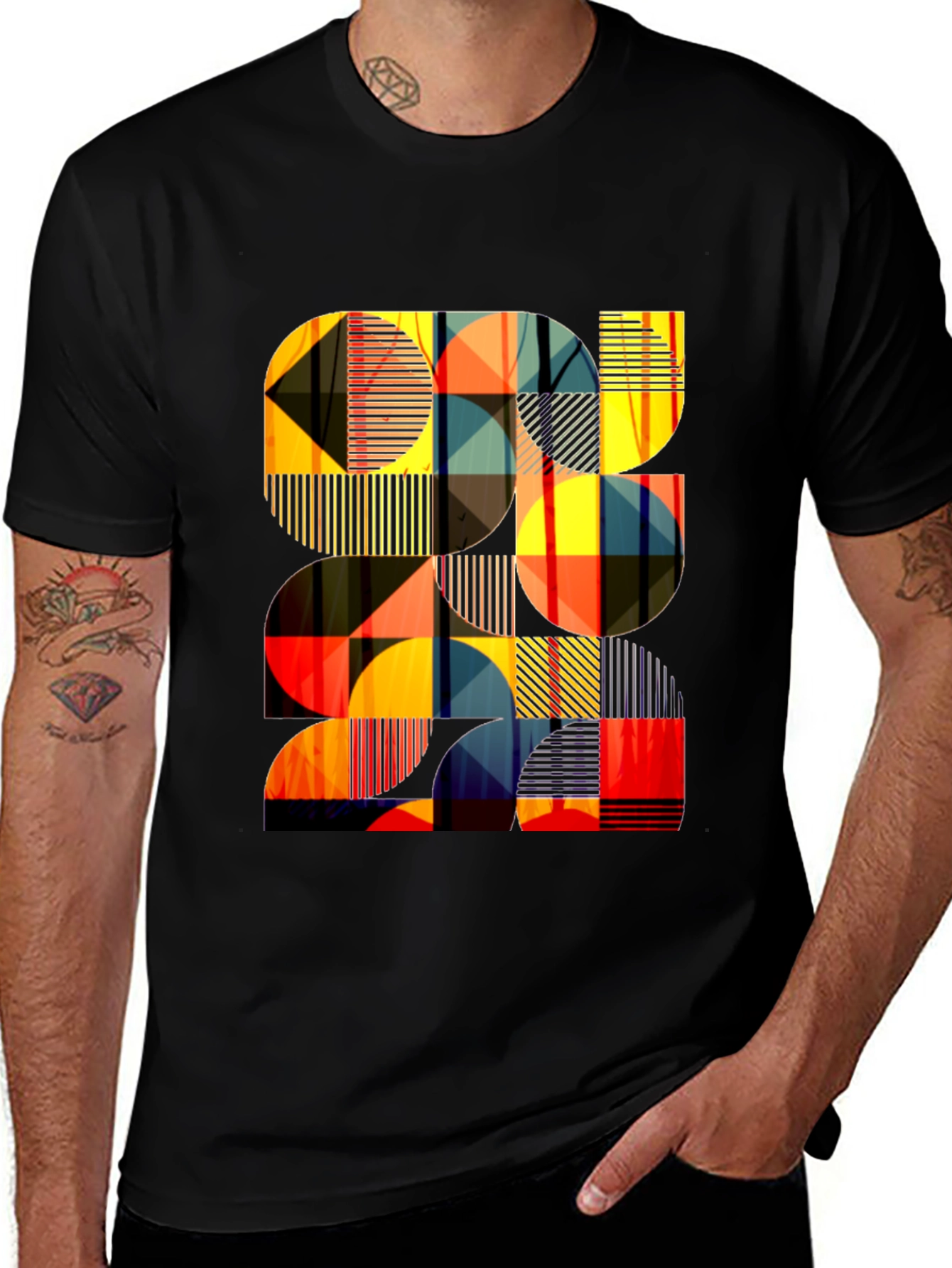 Modern Geometric Pattern Black T-Shirt