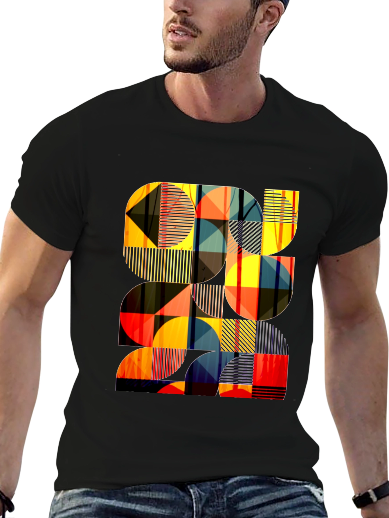 Modern Geometric Pattern Black T-Shirt