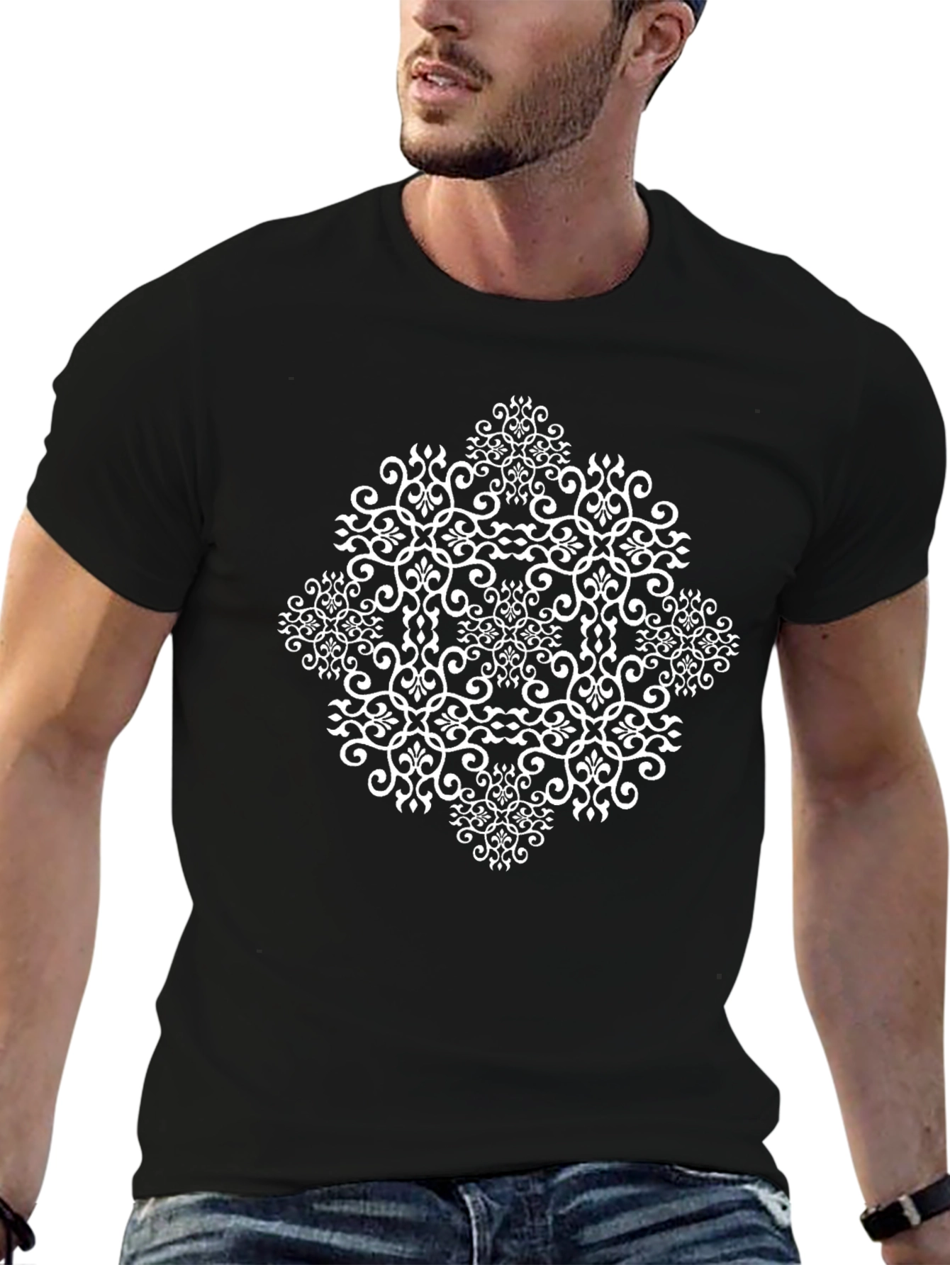 Elegant Black Tee with White Ornamental Design