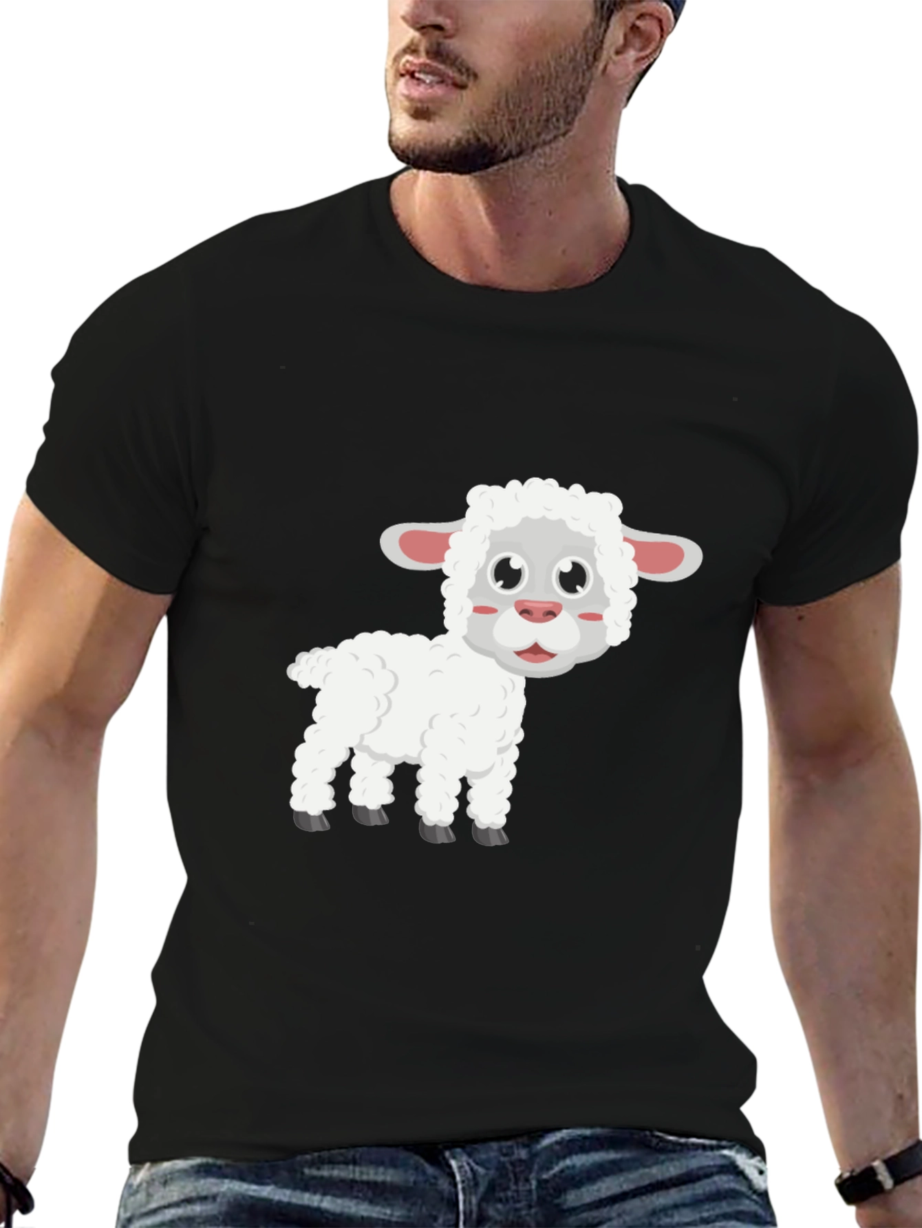 Cute Sheep Graphic T-Shirt - Black Cotton Blend