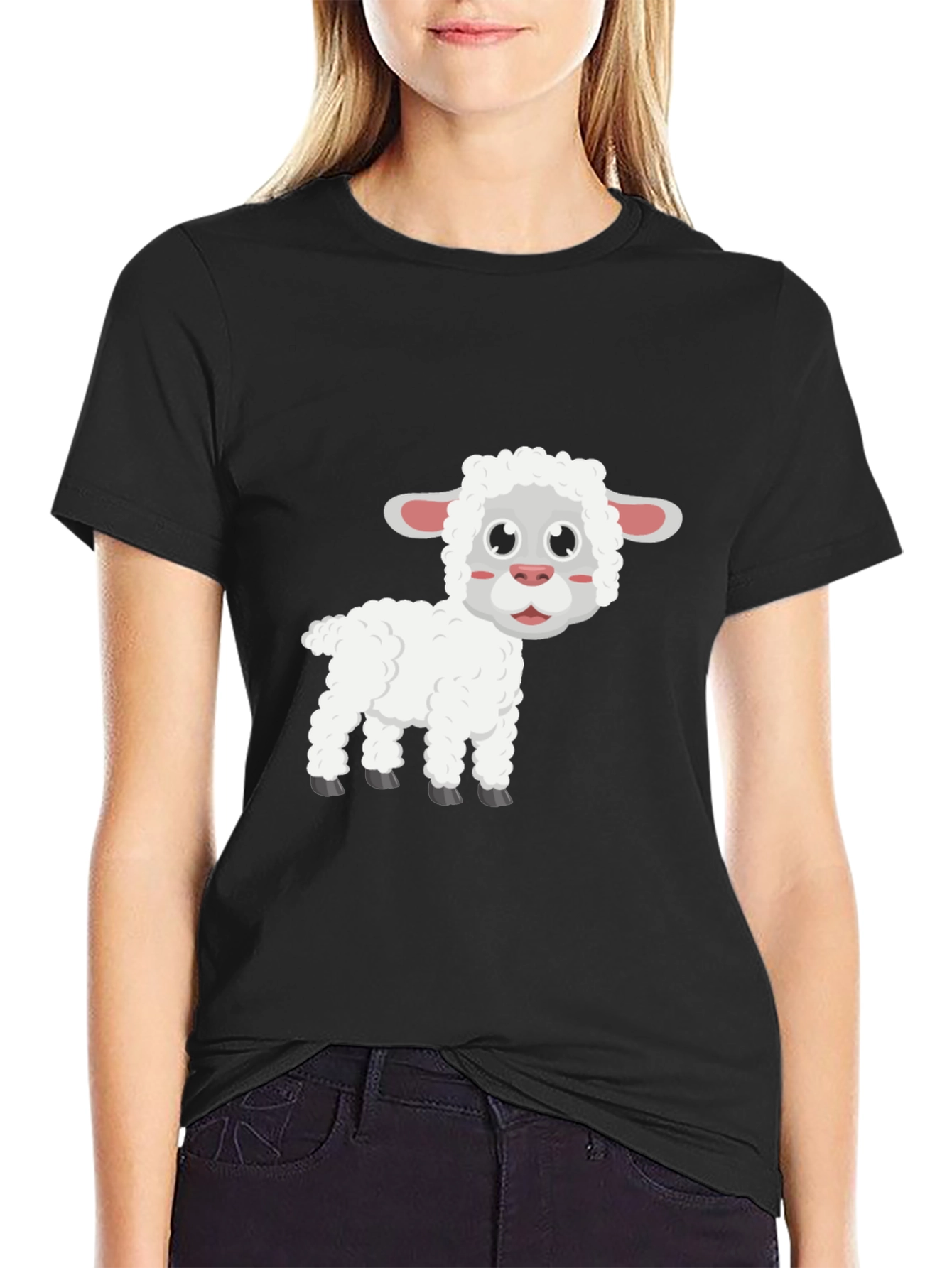 Cute Sheep Graphic T-Shirt - Black Cotton Blend