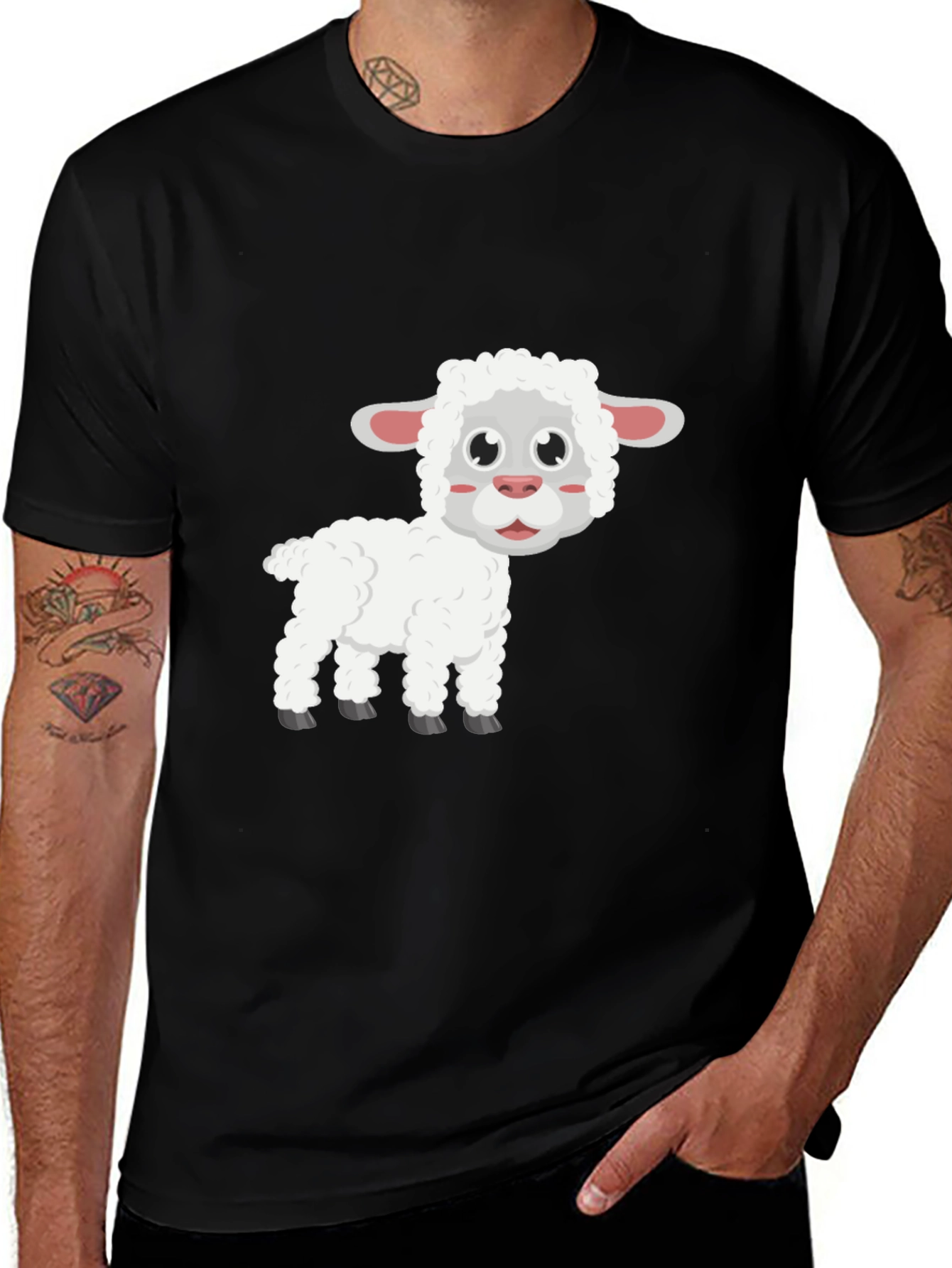 Cute Sheep Graphic T-Shirt - Black Cotton Blend