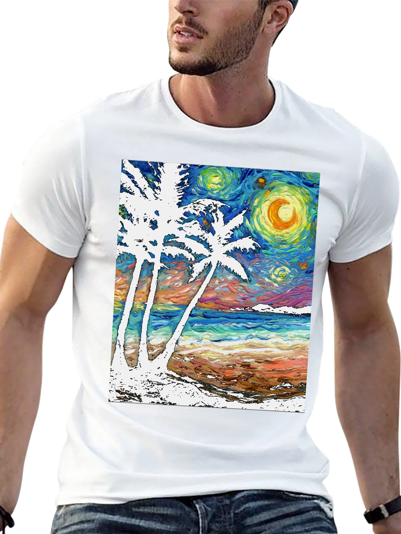 Starry Night Beach T-Shirt Palm Tree Art