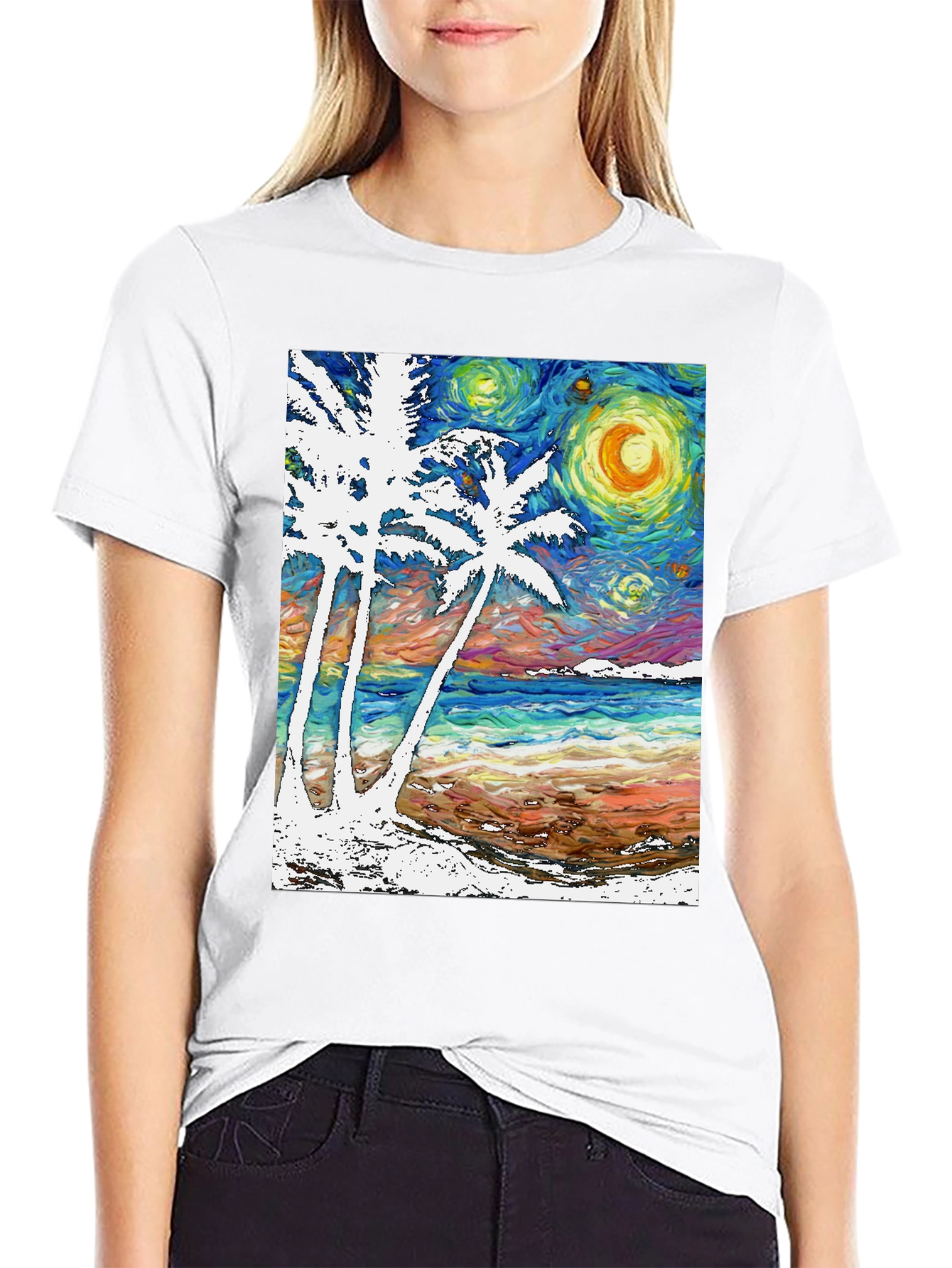 Starry Night Beach T-Shirt Palm Tree Art
