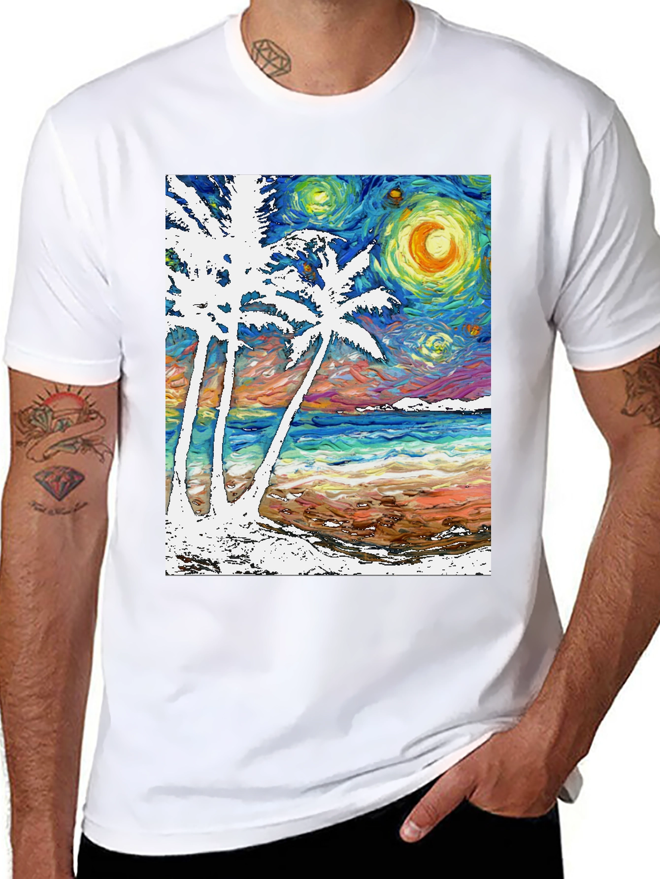 Starry Night Beach T-Shirt Palm Tree Art