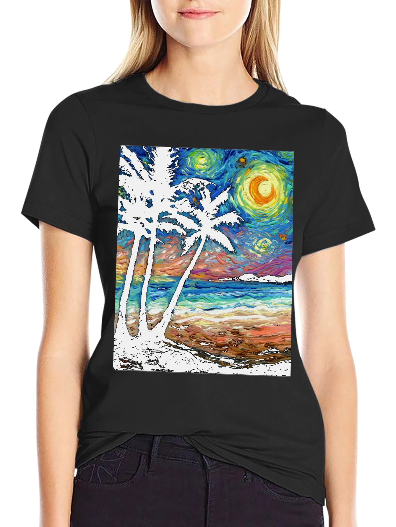 Starry Night Beach T-Shirt Palm Tree Art