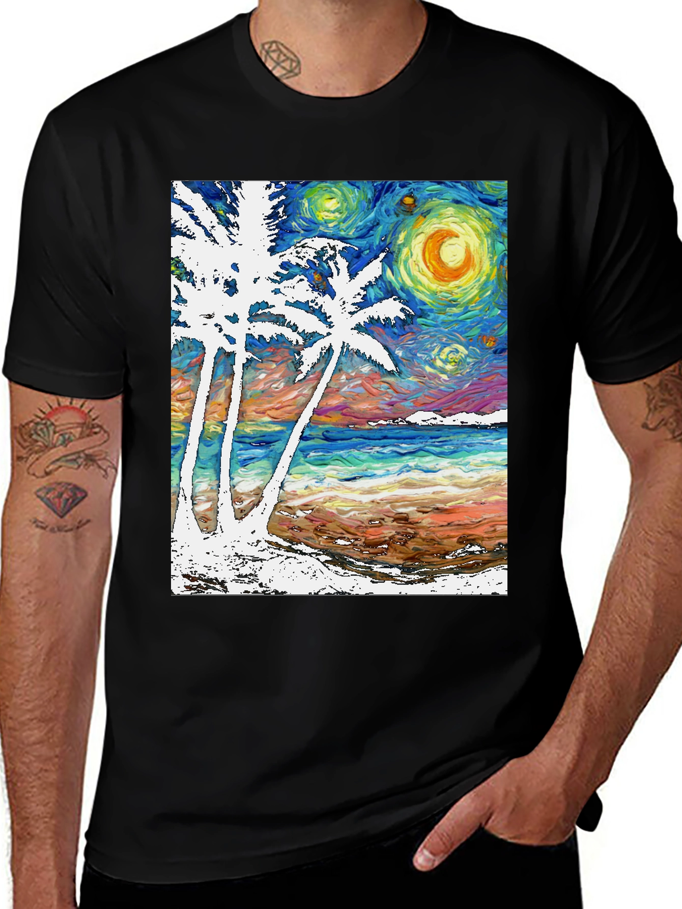 Starry Night Beach T-Shirt Palm Tree Art