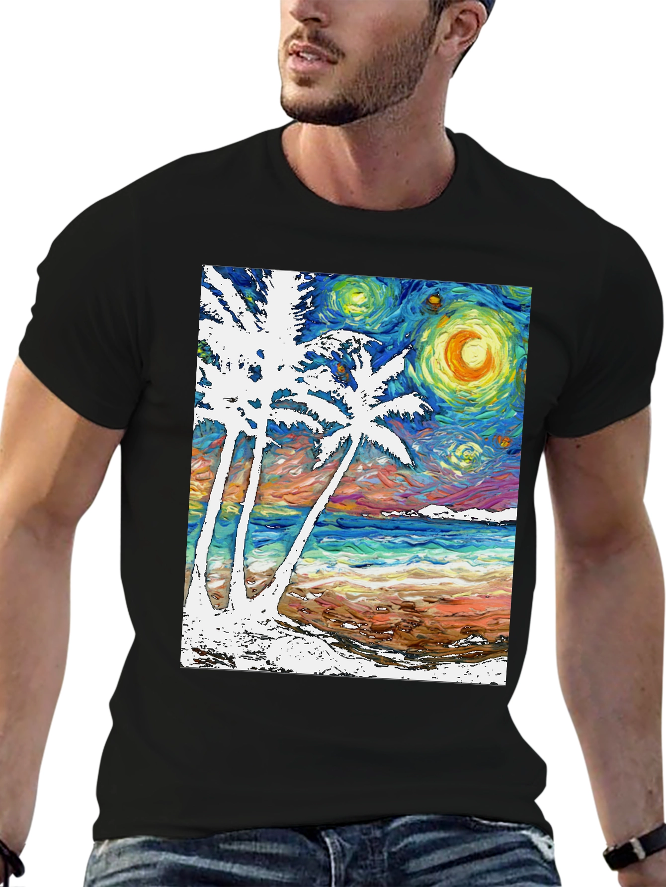 Starry Night Beach T-Shirt Palm Tree Art