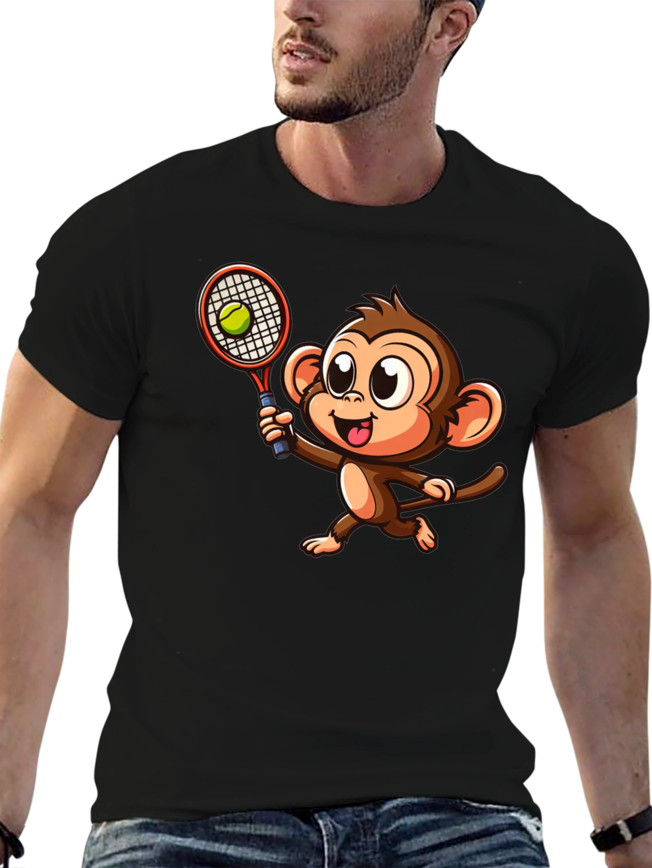 Monkey Tennis Graphic Tee - Cartoon Style