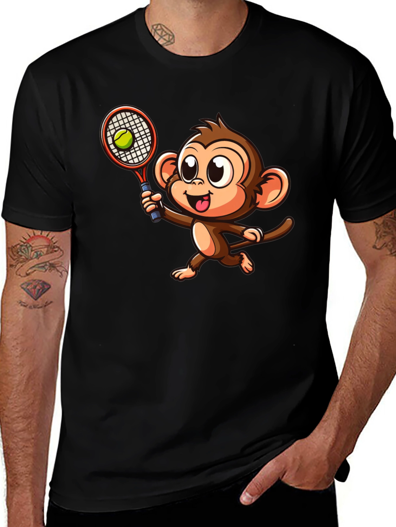 Monkey Tennis Graphic Tee - Cartoon Style