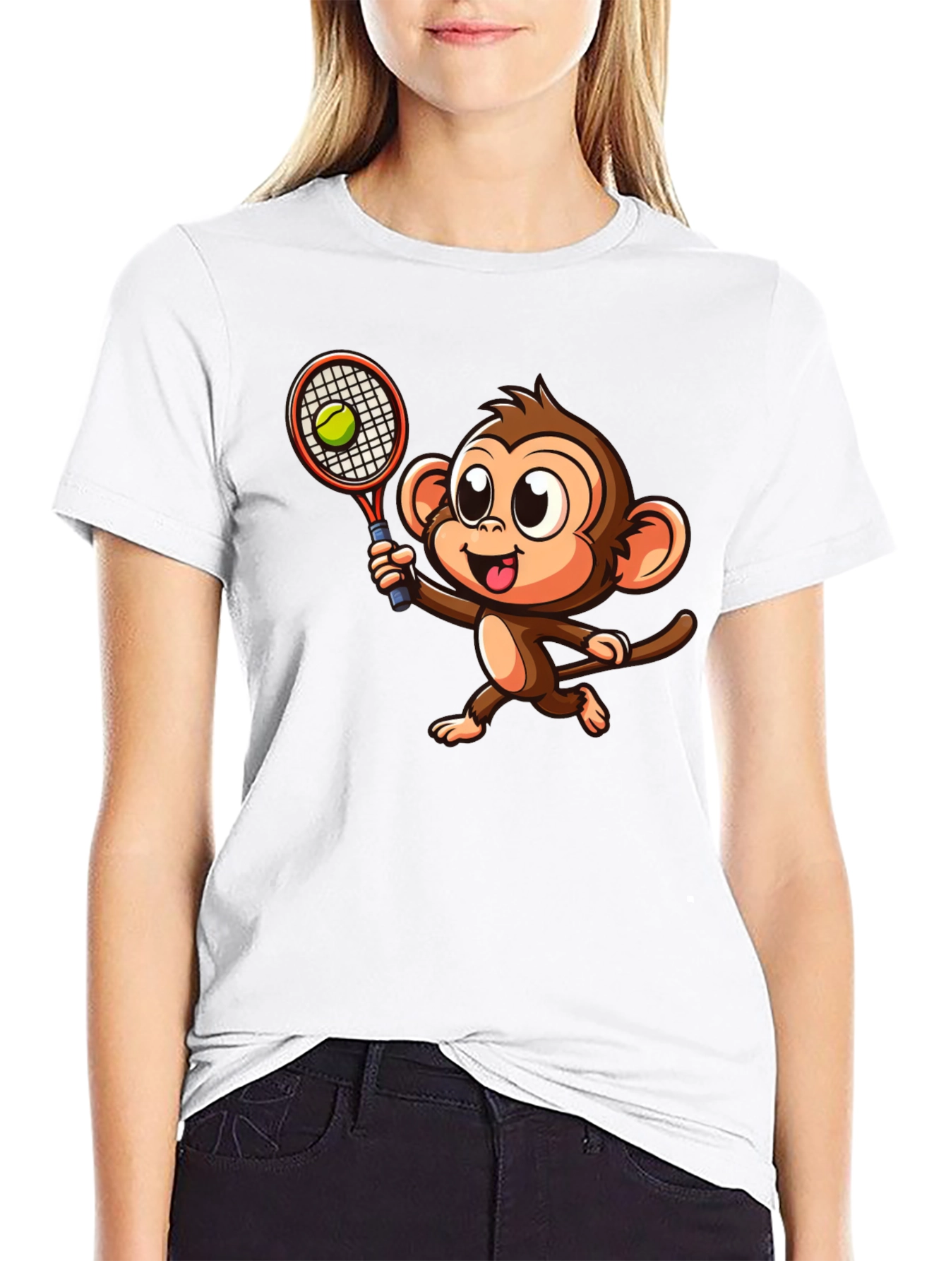 Monkey Tennis Graphic Tee - Cartoon Style