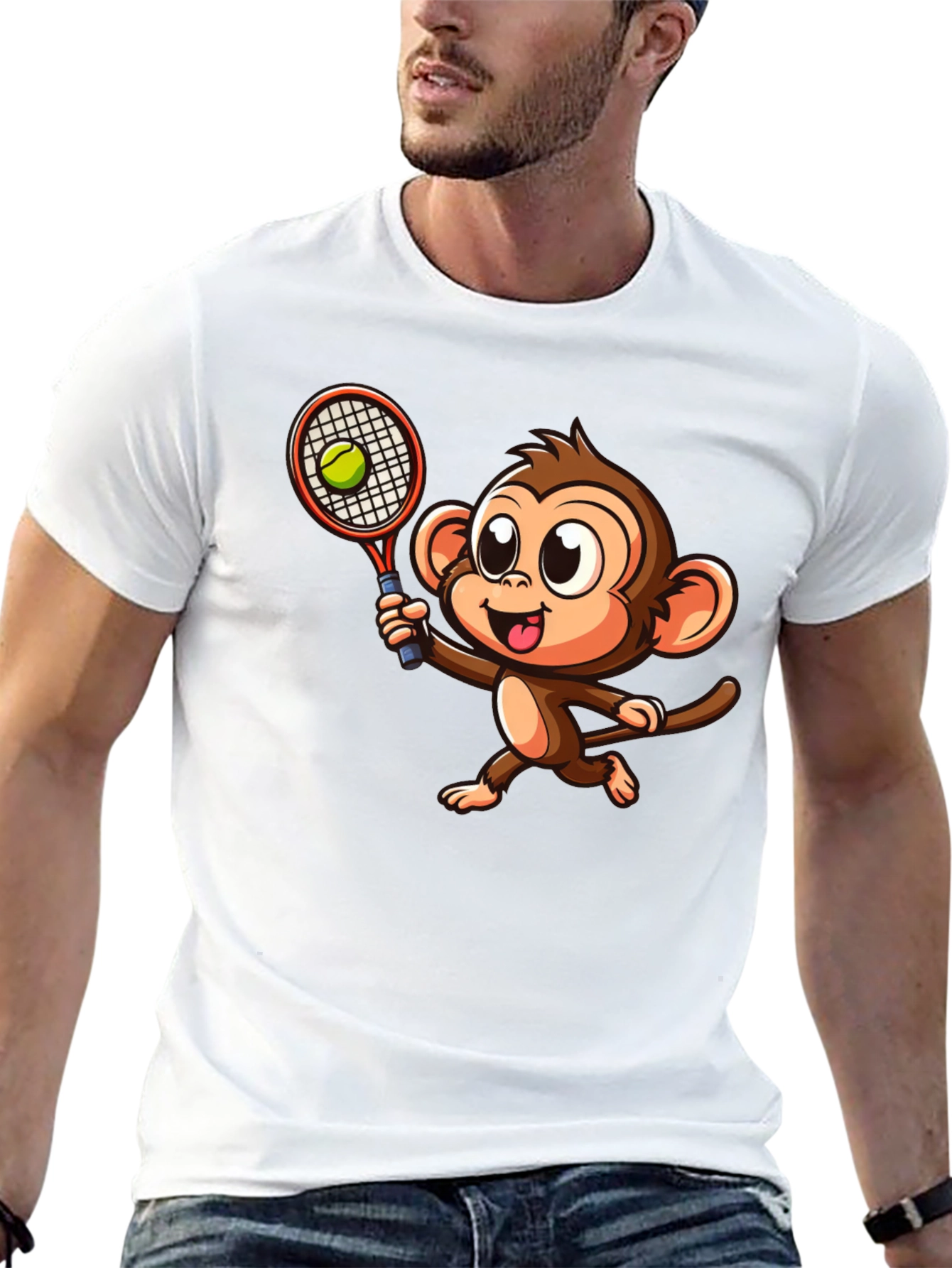Monkey Tennis Graphic Tee - Cartoon Style
