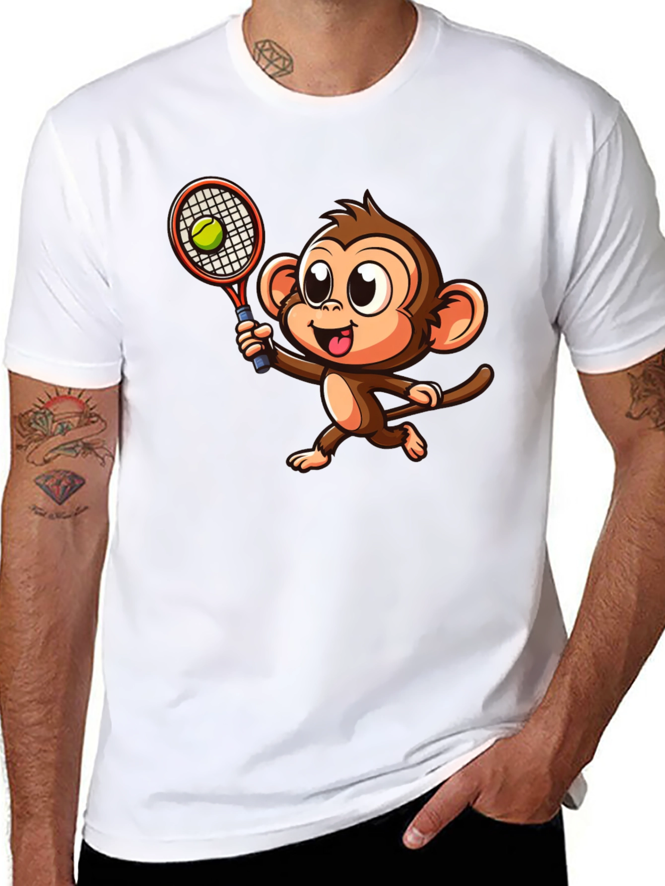 Monkey Tennis Graphic Tee - Cartoon Style
