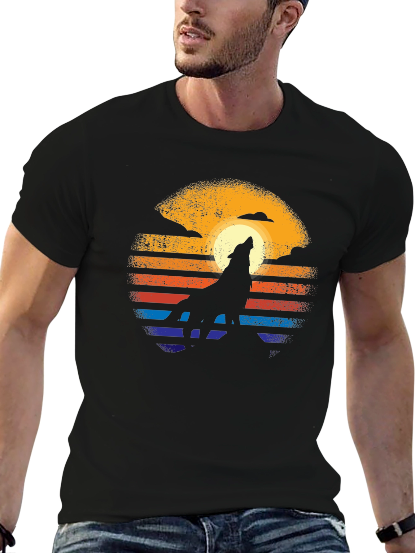Retro Wolf Howl T-Shirt - Sunset Design