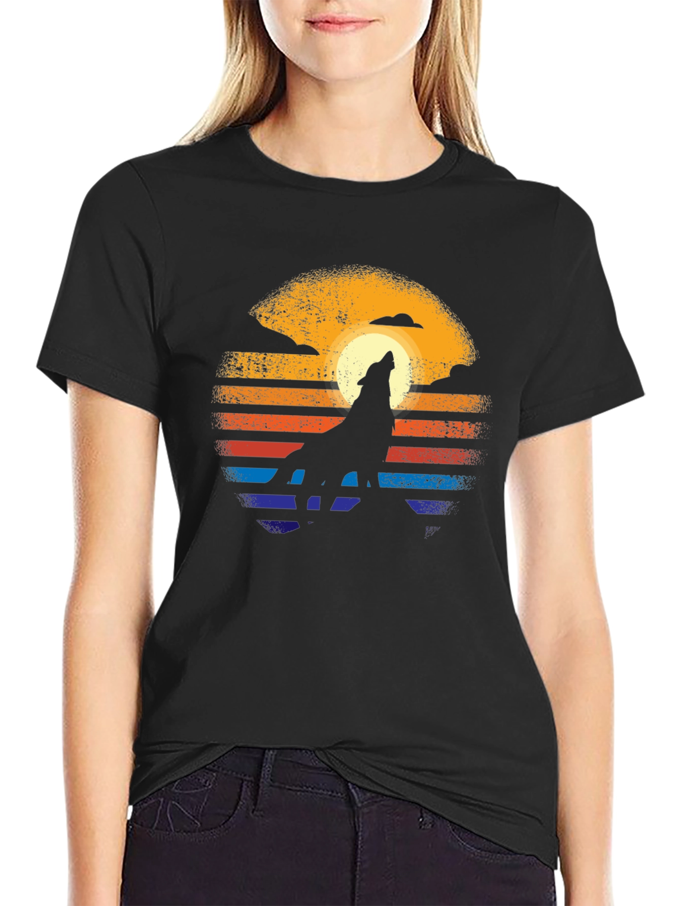 Retro Wolf Howl T-Shirt - Sunset Design