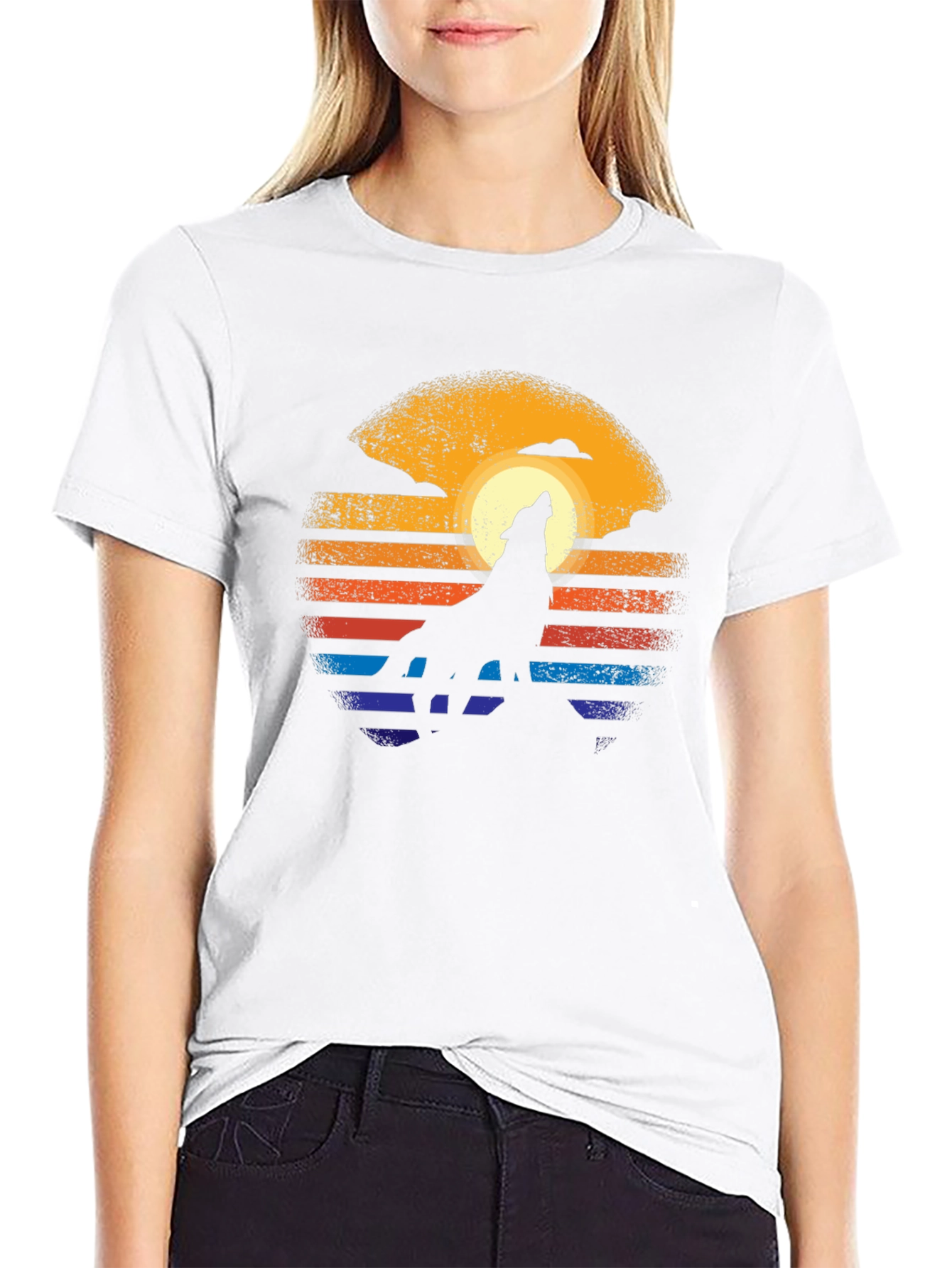 Retro Wolf Howl T-Shirt - Sunset Design
