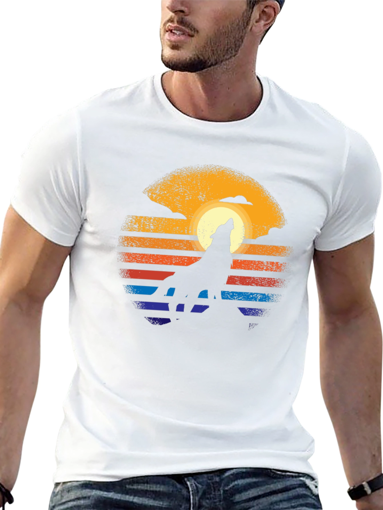 Retro Wolf Howl T-Shirt - Sunset Design