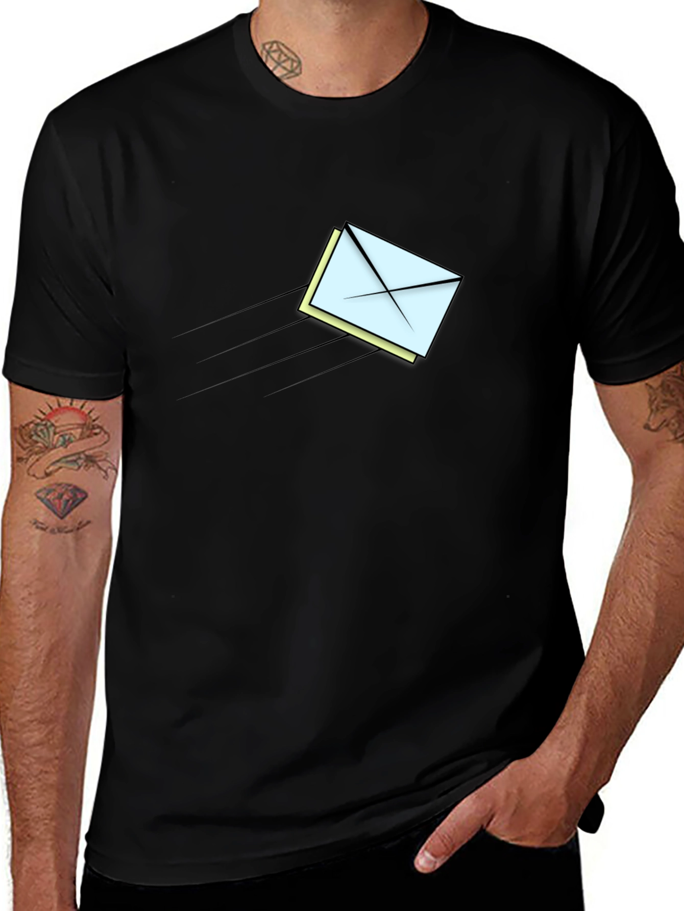 Mens Black T-Shirt - Flying Mail Graphic Tee