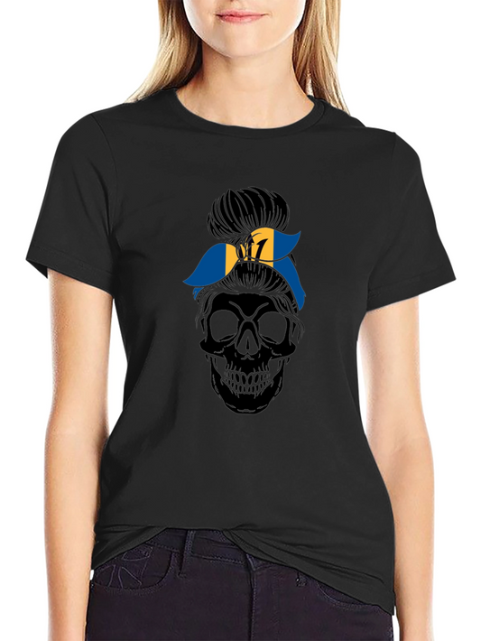 Barbados Flag Messy Bun Skull Graphic Tee - Black Cotton T-Shirt