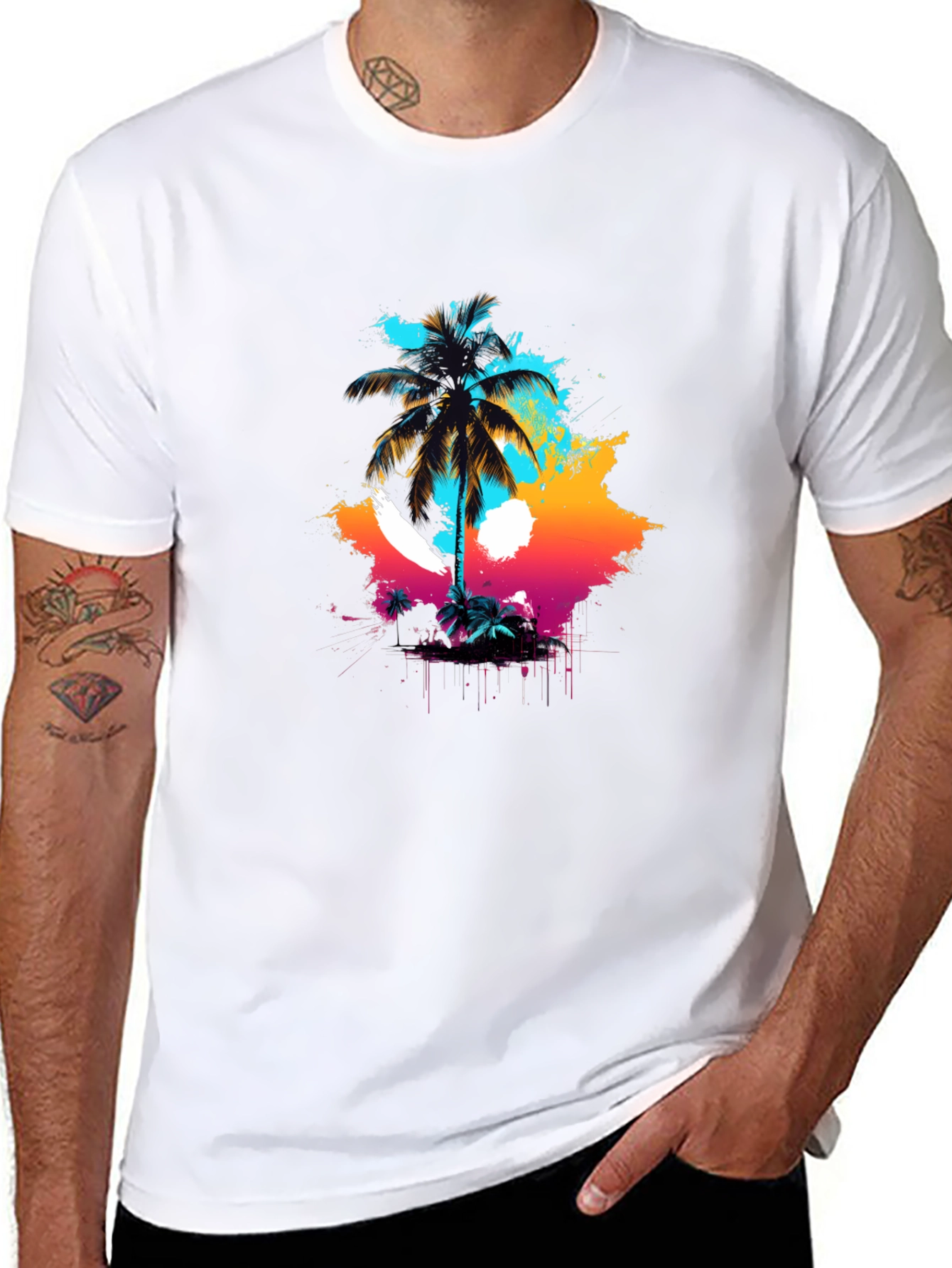 Vibrant Palm Tree Graphic Black T-Shirt