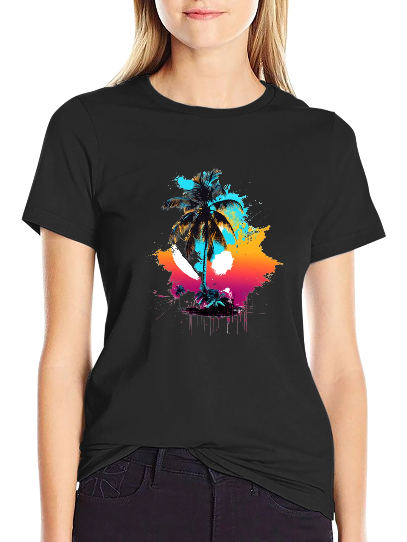 Vibrant Palm Tree Graphic Black T-Shirt