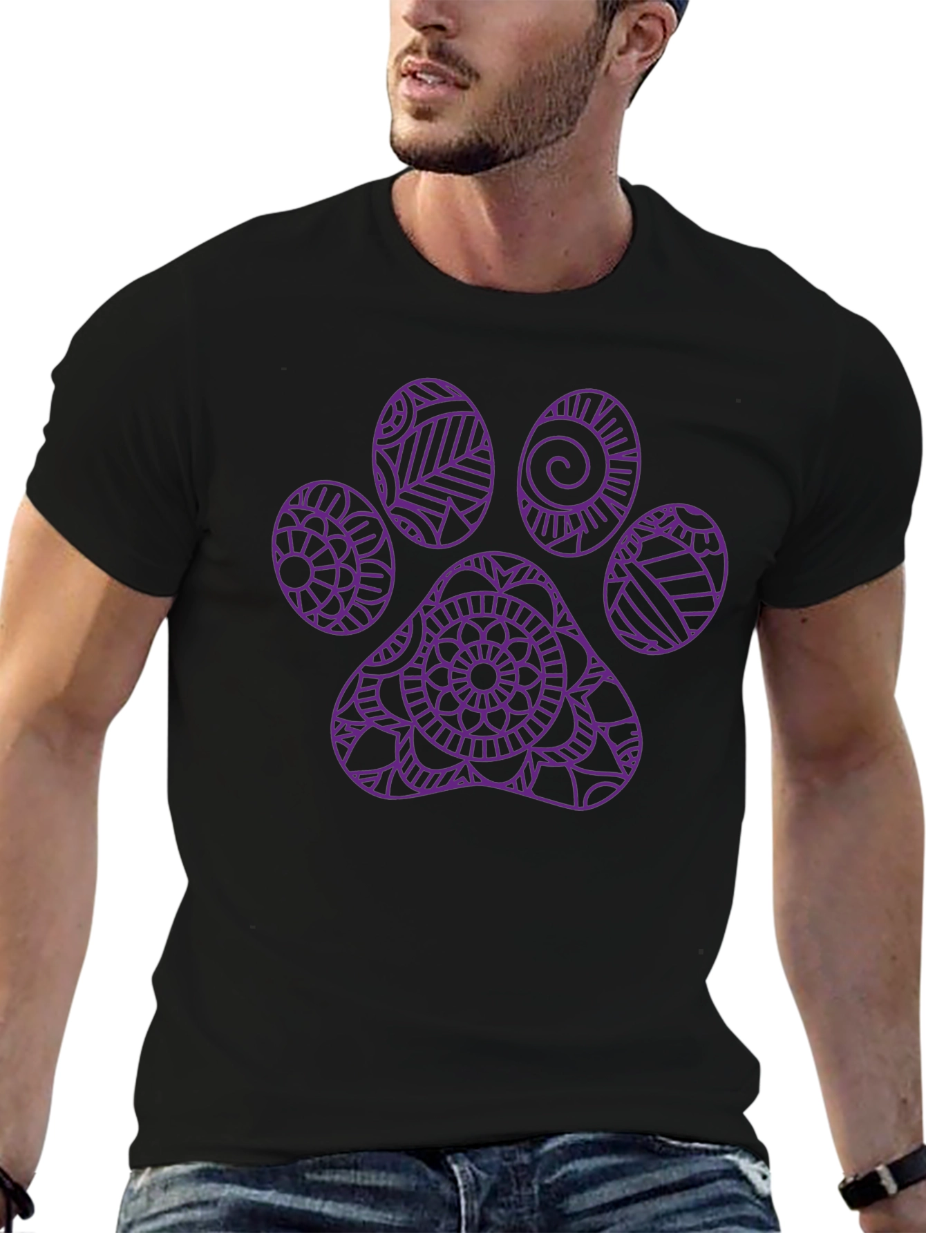 Paw Print Mandala Graphic Tee - Black Cotton T-Shirt
