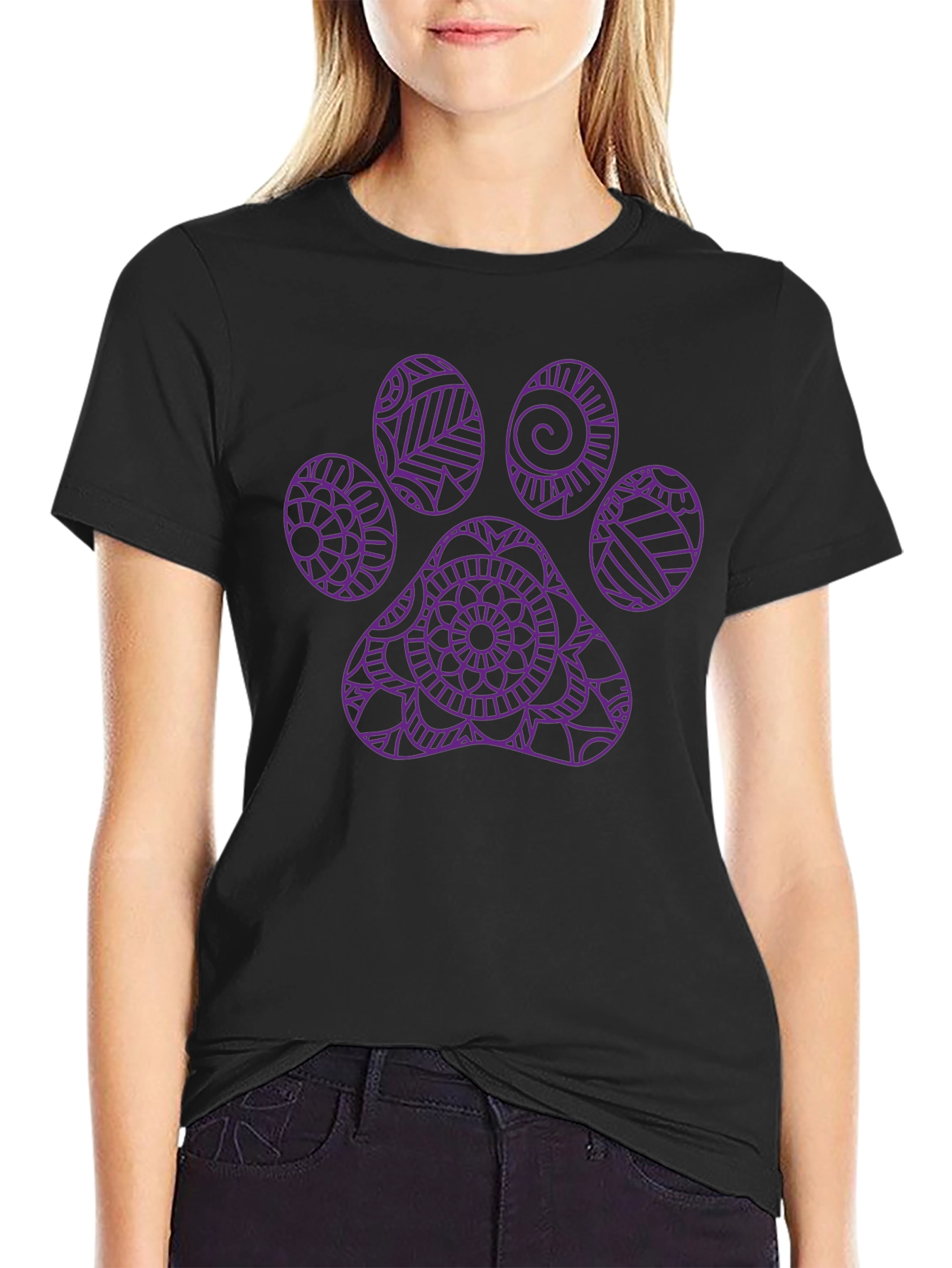 Paw Print Mandala Graphic Tee - Black Cotton T-Shirt