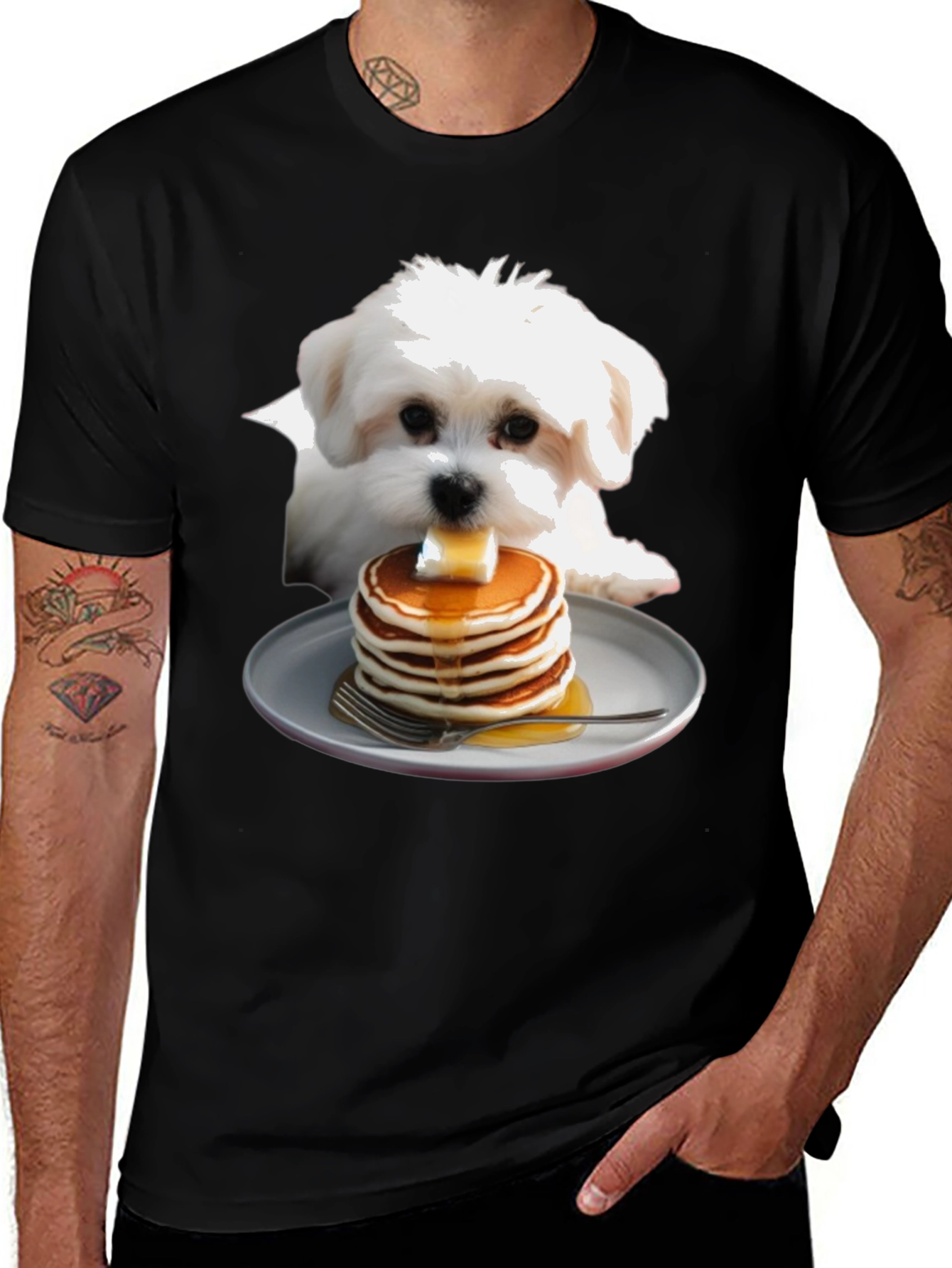 Dog with Pancakes T-Shirt - Cute Foodie Pet Tee