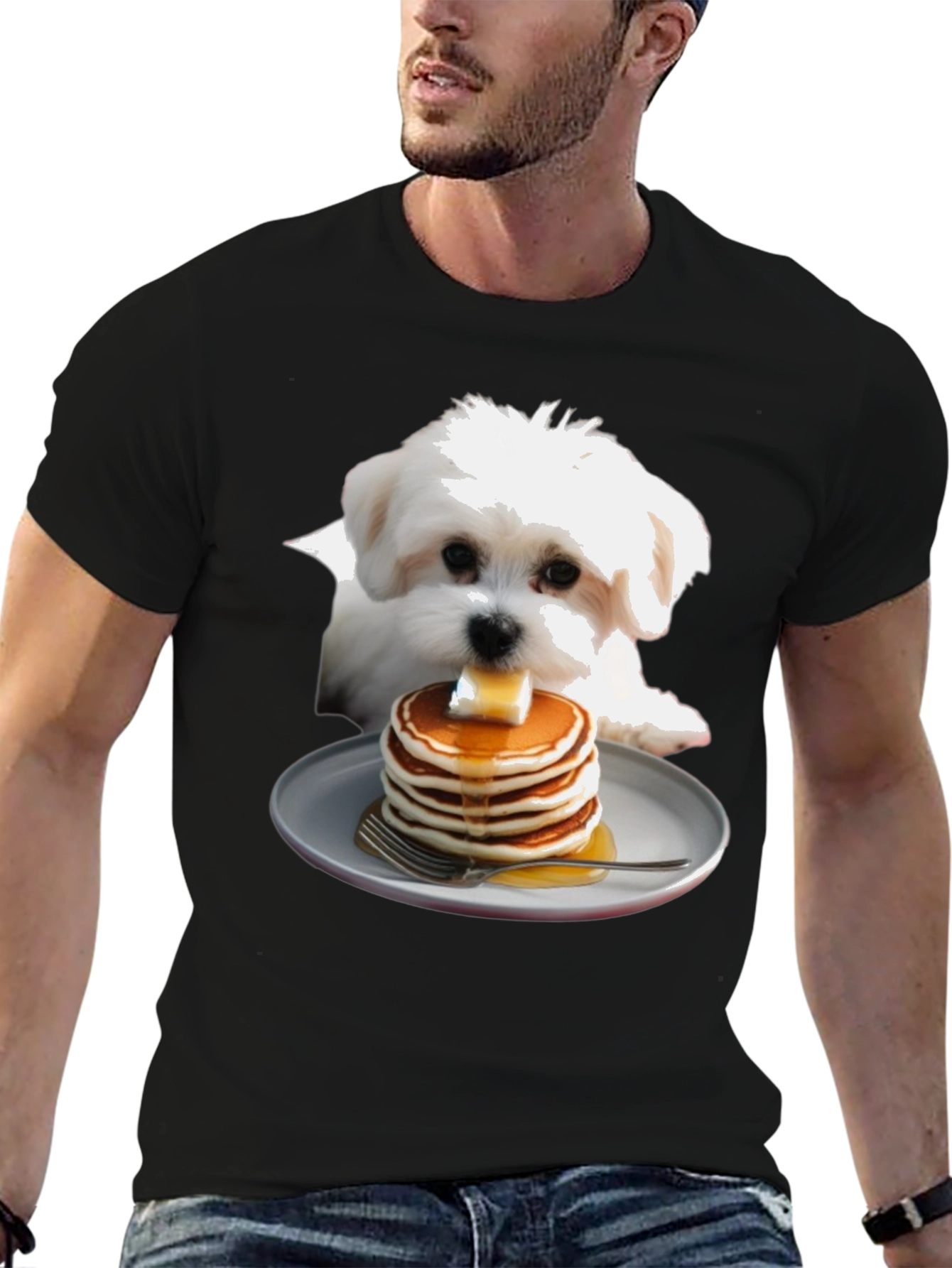 Dog with Pancakes T-Shirt - Cute Foodie Pet Tee