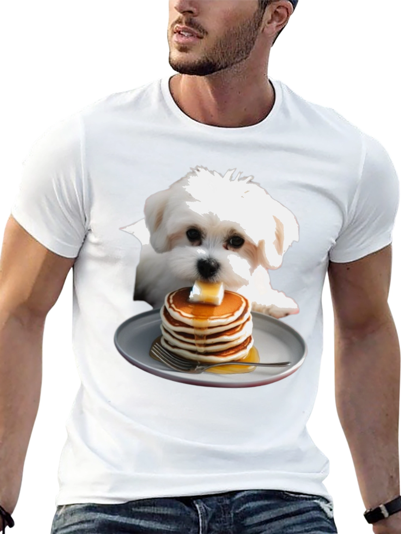 Dog with Pancakes T-Shirt - Cute Foodie Pet Tee