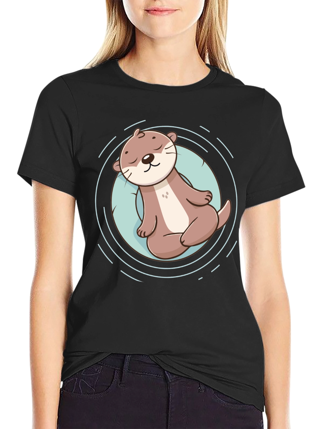 Cute Otter Graphic Tee - Black Cotton T-Shirt