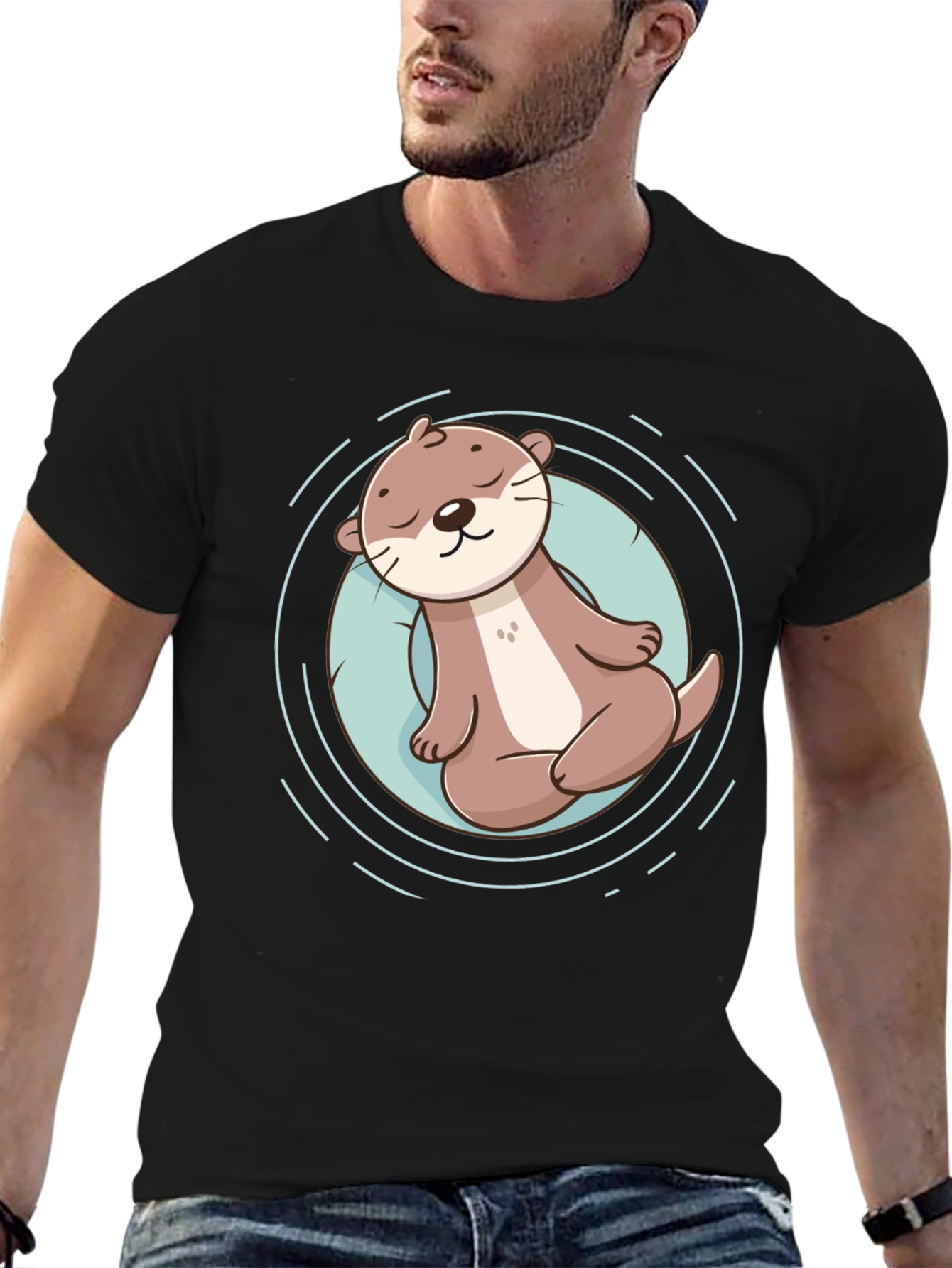 Cute Otter Graphic Tee - Black Cotton T-Shirt