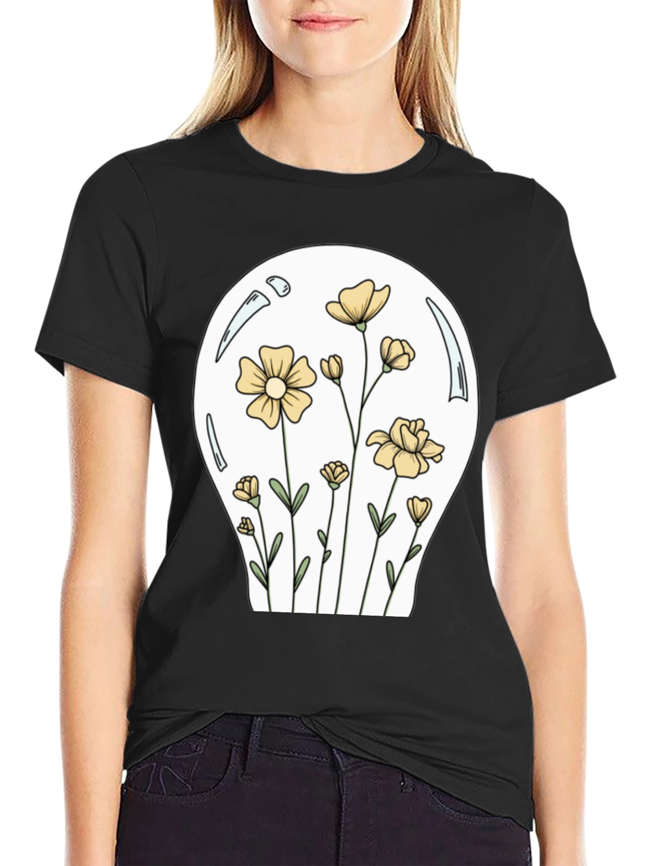 Floral Lightbulb Graphic T-Shirt - Black