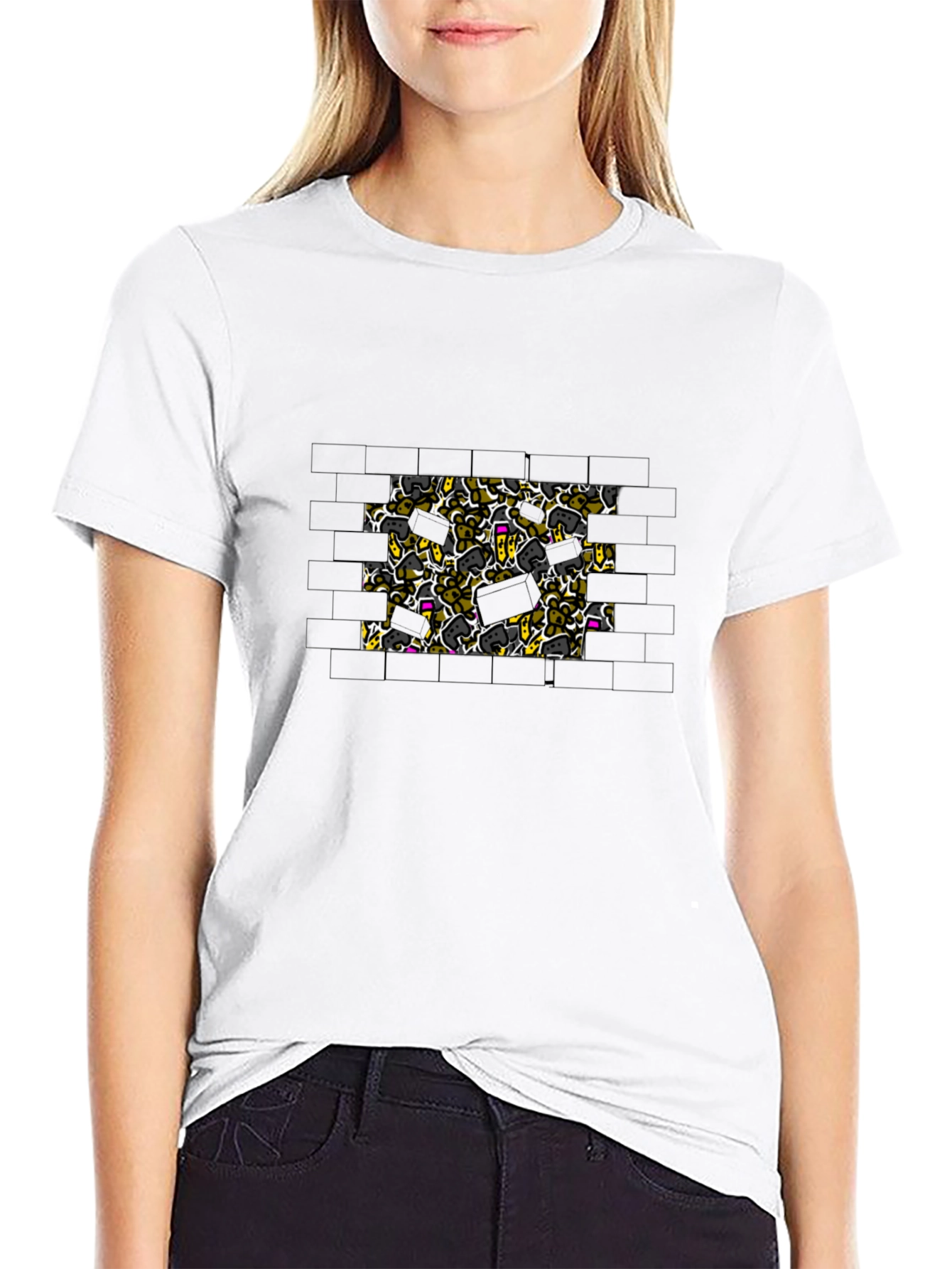 Brick Wall Doodle Print Black T-Shirt