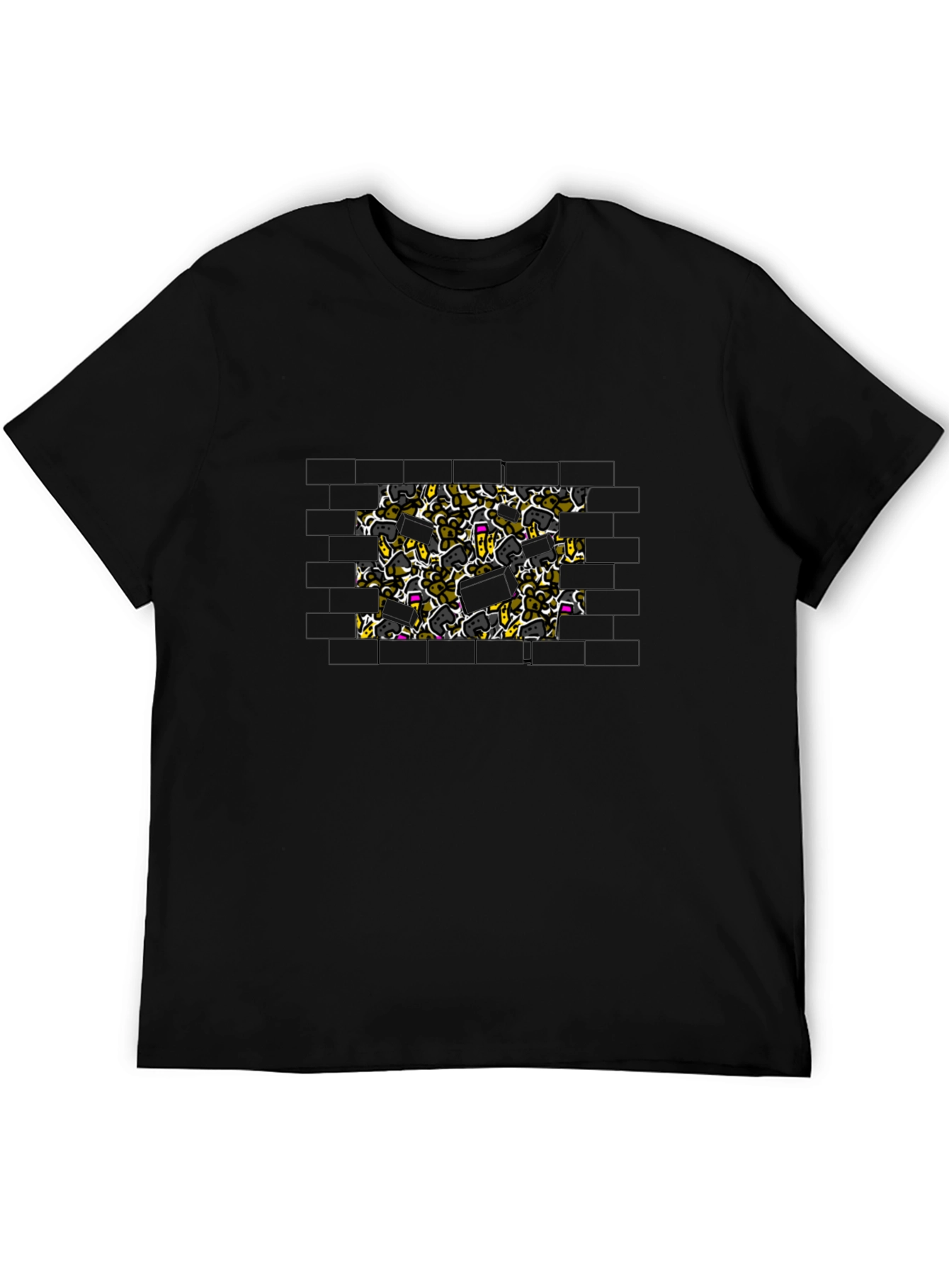 Brick Wall Doodle Print Black T-Shirt