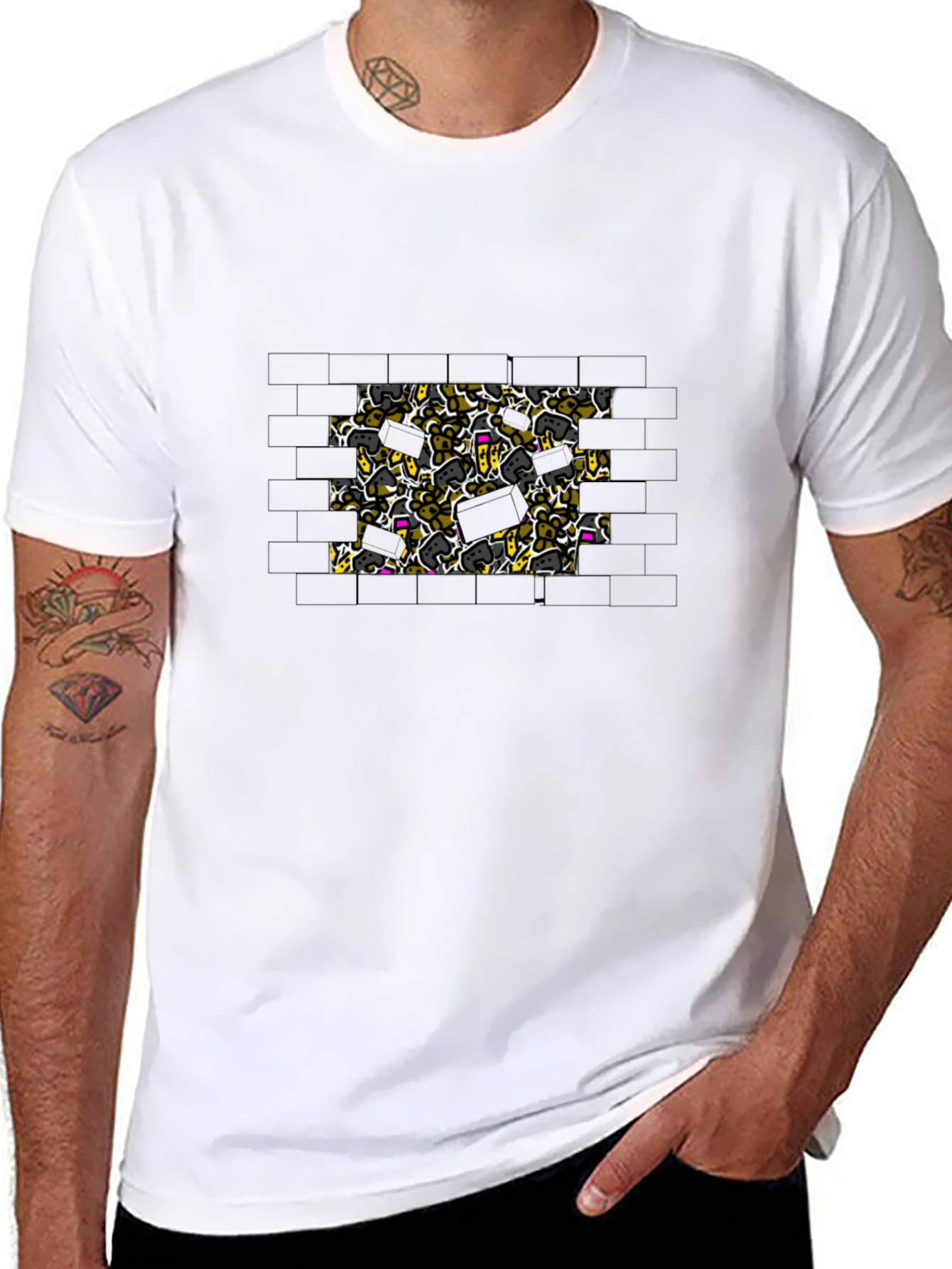Brick Wall Doodle Print Black T-Shirt
