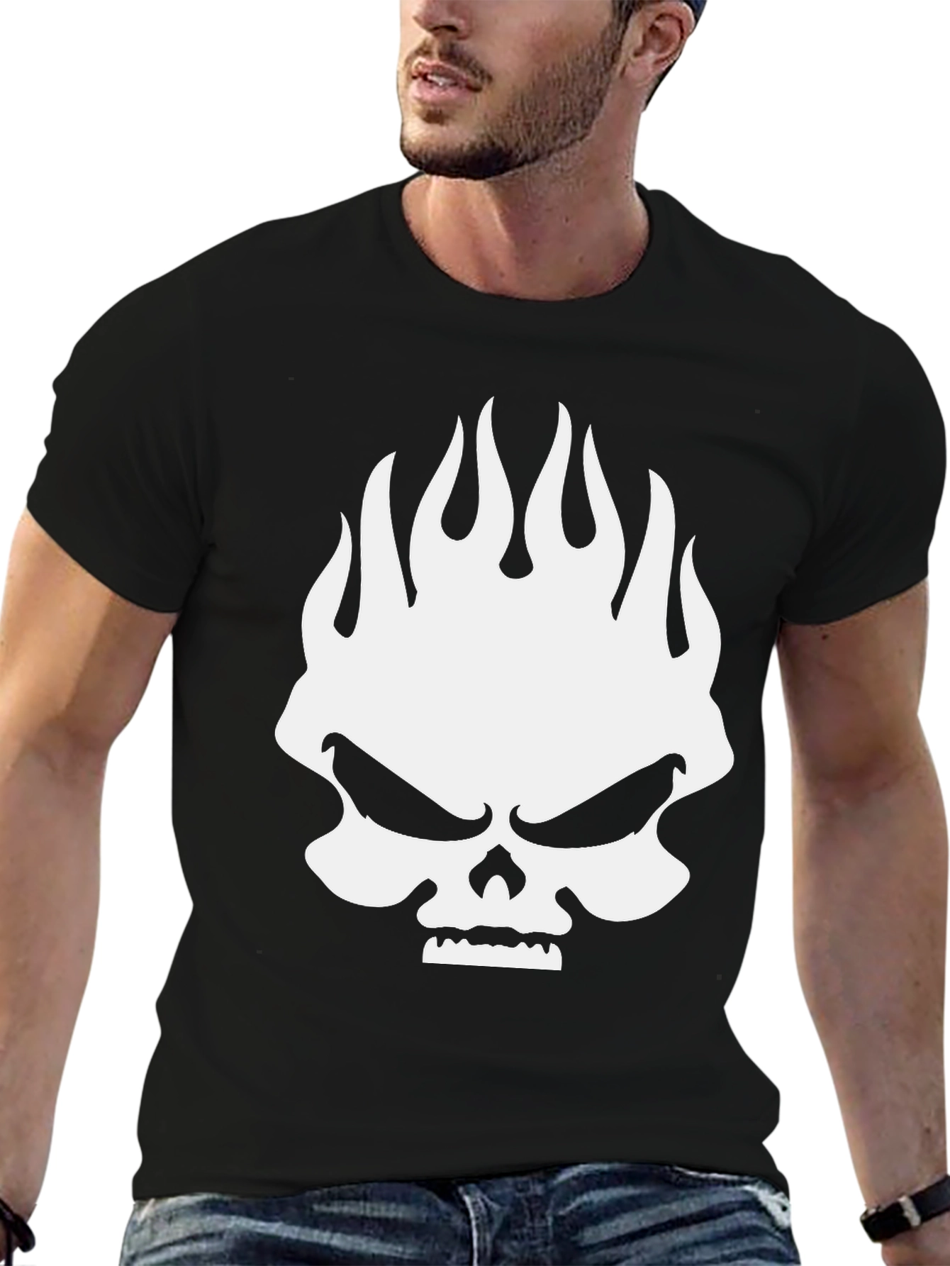 Skull Flames Graphic Print Mens Black T-Shirt