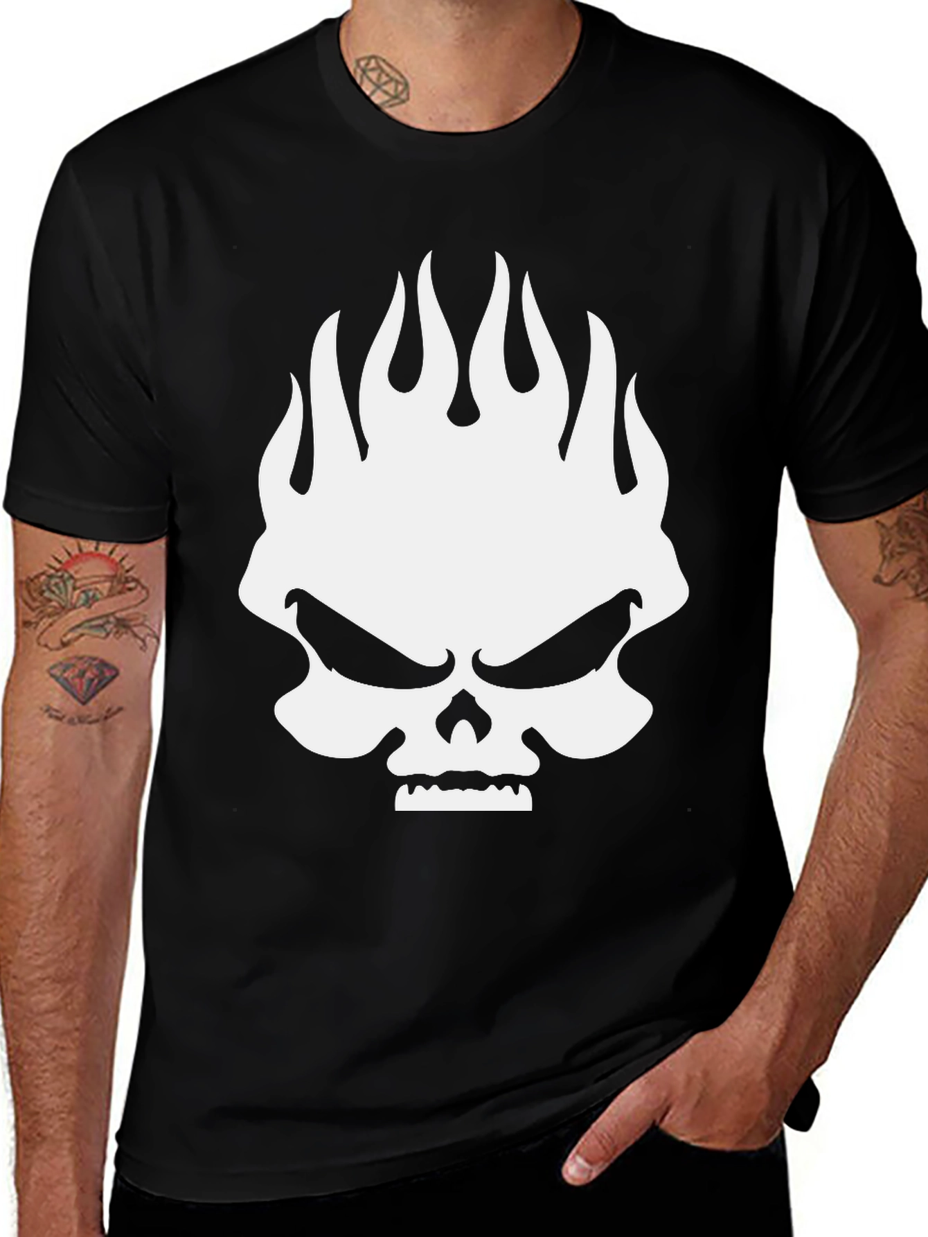 Skull Flames Graphic Print Mens Black T-Shirt