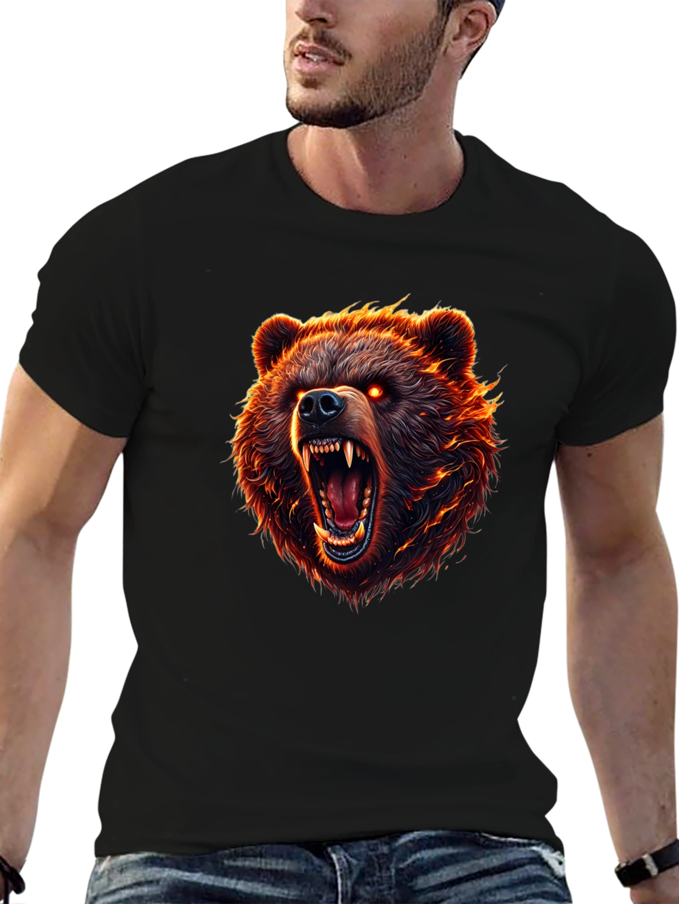 Mens Black T-Shirt with Fierce Bear Graphic