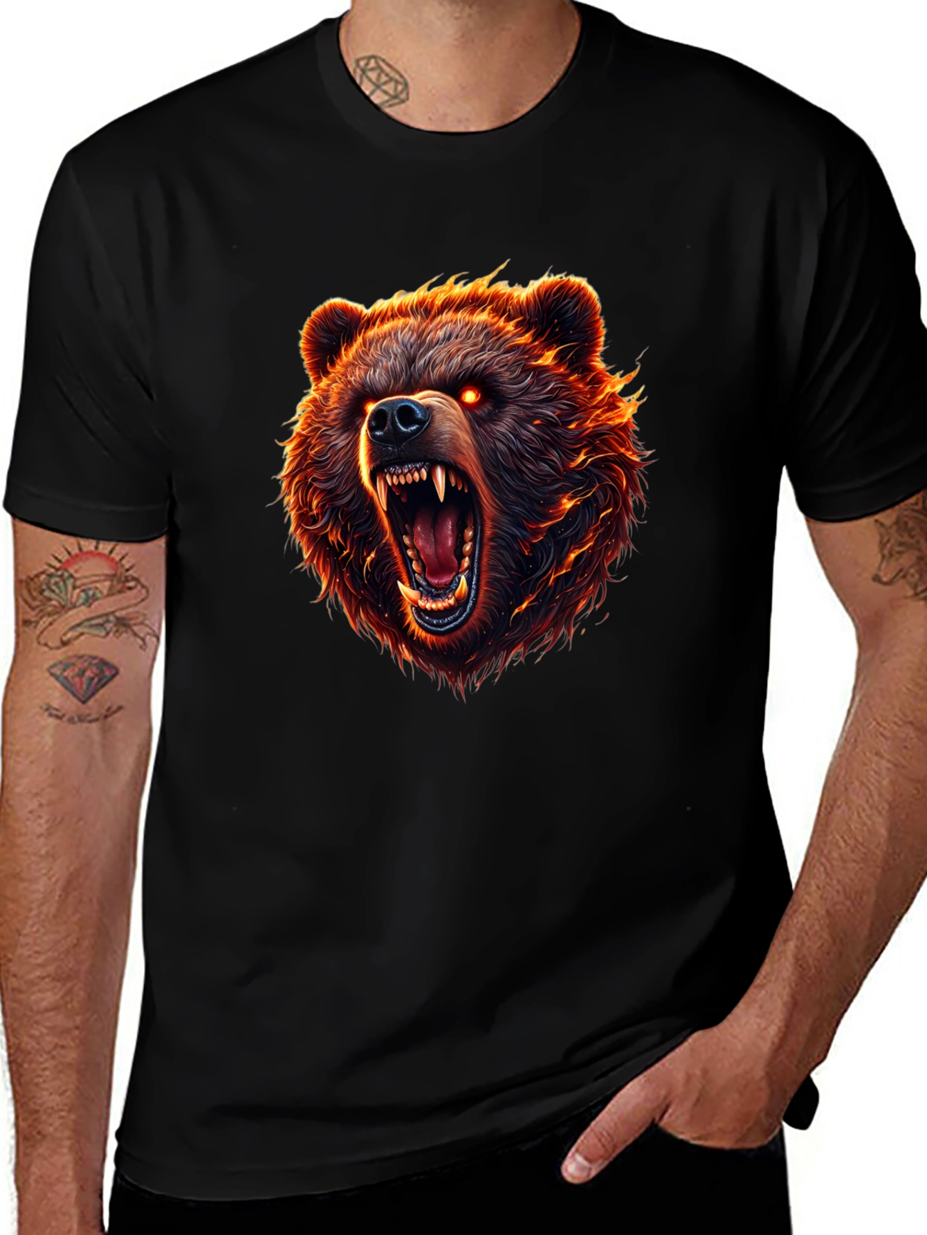 Mens Black T-Shirt with Fierce Bear Graphic