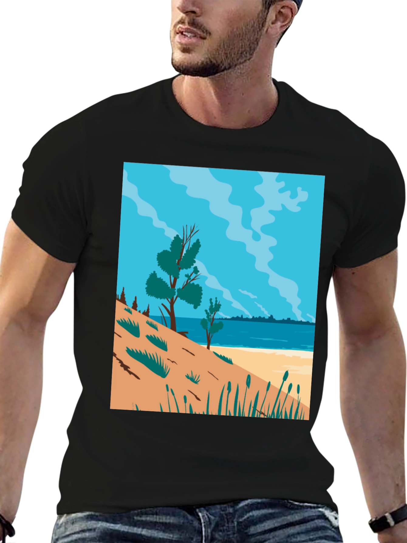 Beach Scene Graphic Tee - Mens Black T-Shirt