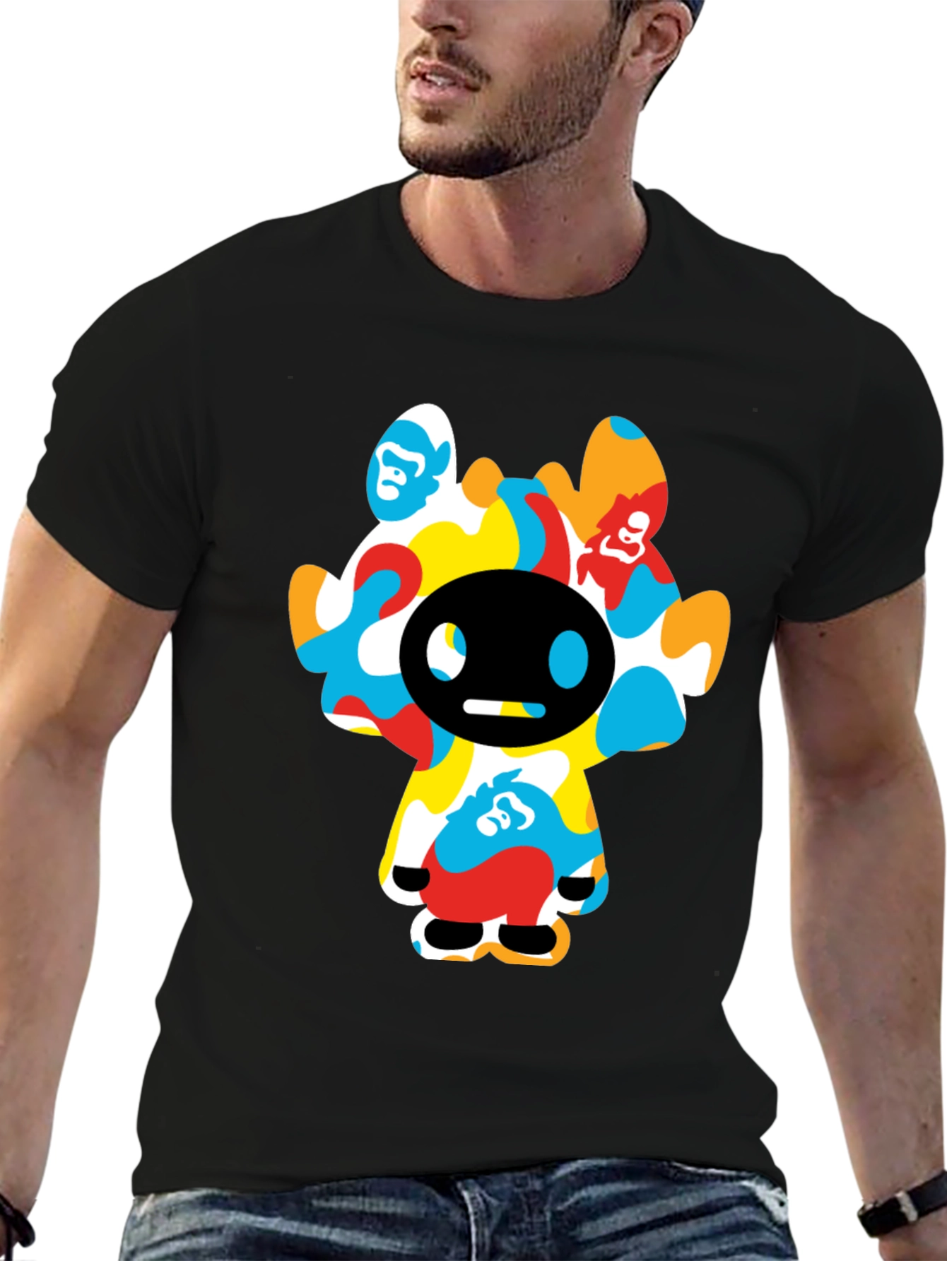 Funky Cartoon Character Graphic Tee - Black Cotton