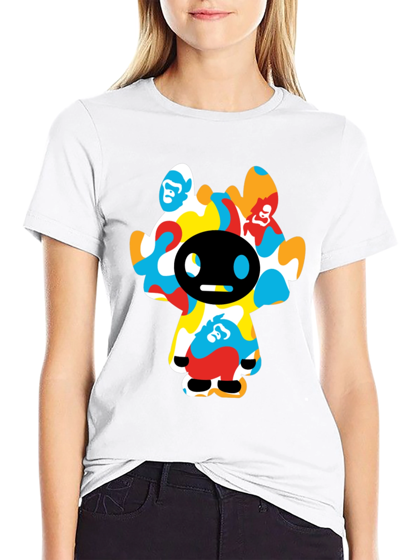 Funky Cartoon Character Graphic Tee - Black Cotton